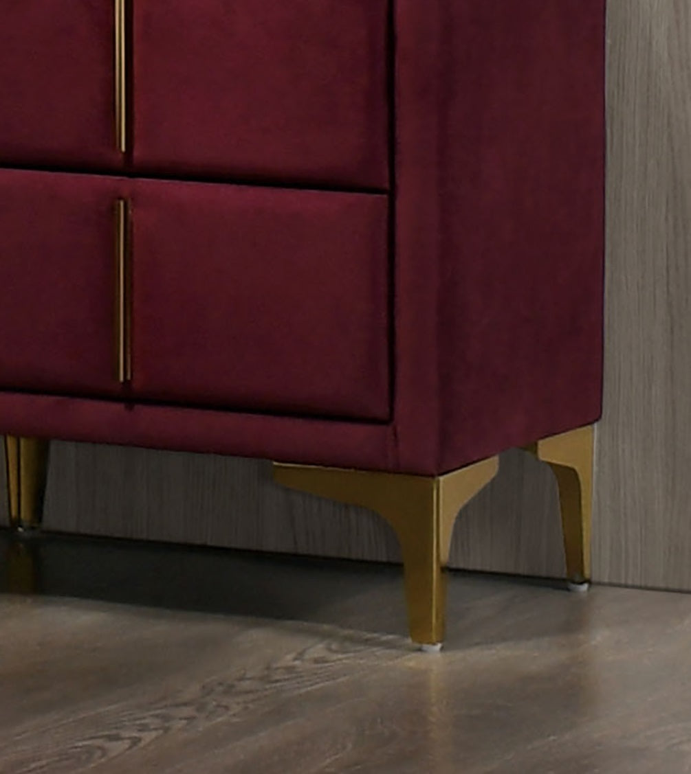 Red And Gold Coated 1pc Nightstand Bar Pull Handle Fully Upholstered Flannelette Classy Bedroom Furniture Bedside Table