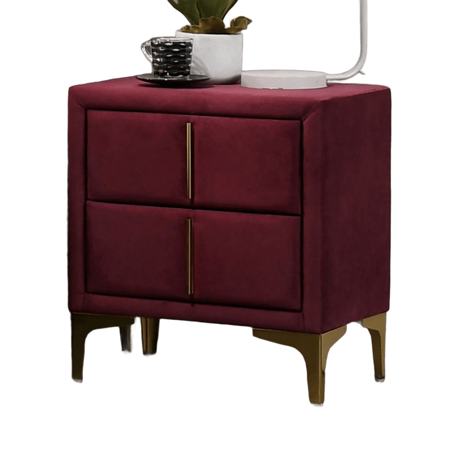 Red And Gold Coated 1pc Nightstand Bar Pull Handle Fully Upholstered Flannelette Classy Bedroom Furniture Bedside Table