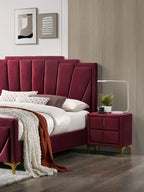 Red And Gold Coated 1pc Nightstand Bar Pull Handle Fully Upholstered Flannelette Classy Bedroom Furniture Bedside Table