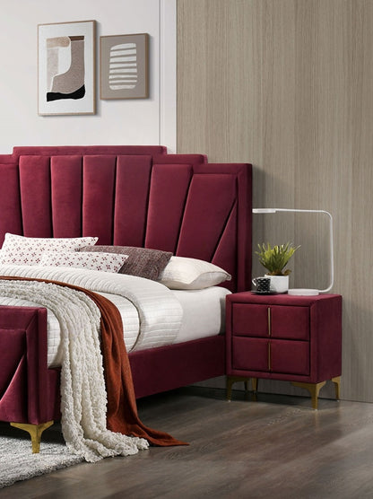 Red And Gold Coated 1pc Nightstand Bar Pull Handle Fully Upholstered Flannelette Classy Bedroom Furniture Bedside Table