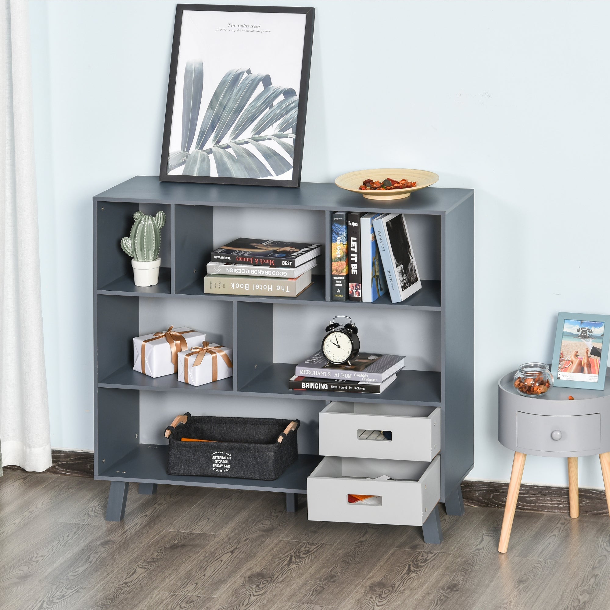 3-Tier Child Bookcase Open Shelves Cabinet Floor Standing Cube Storage Organizer with Drawers - Grey - Groovy Boardz