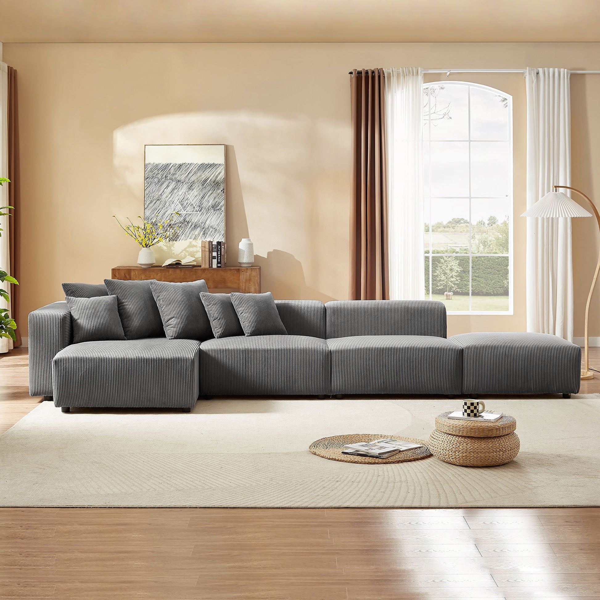 Soft Corduroy Sectional Modular Sofa 4 Piece Set, Small L-Shaped Chaise Couch for Living Room, Apartment, Office, Gray - Groovy Boardz