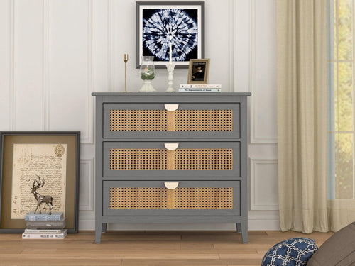 Elegant Gray Natural Rattan 3-Drawer Cabinet for Storage.