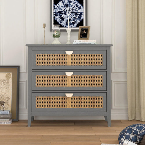 Elegant Gray Natural Rattan 3-Drawer Cabinet for Storage.