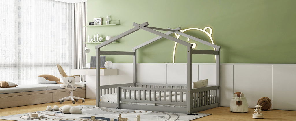 Full Size Wood Bed House Bed Frame with Fence, for Kids, Teens, Girls, Boys,Gray