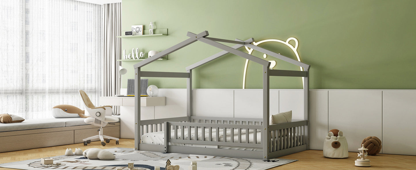 Full Size Wood Bed House Bed Frame with Fence, for Kids, Teens, Girls, Boys,Gray