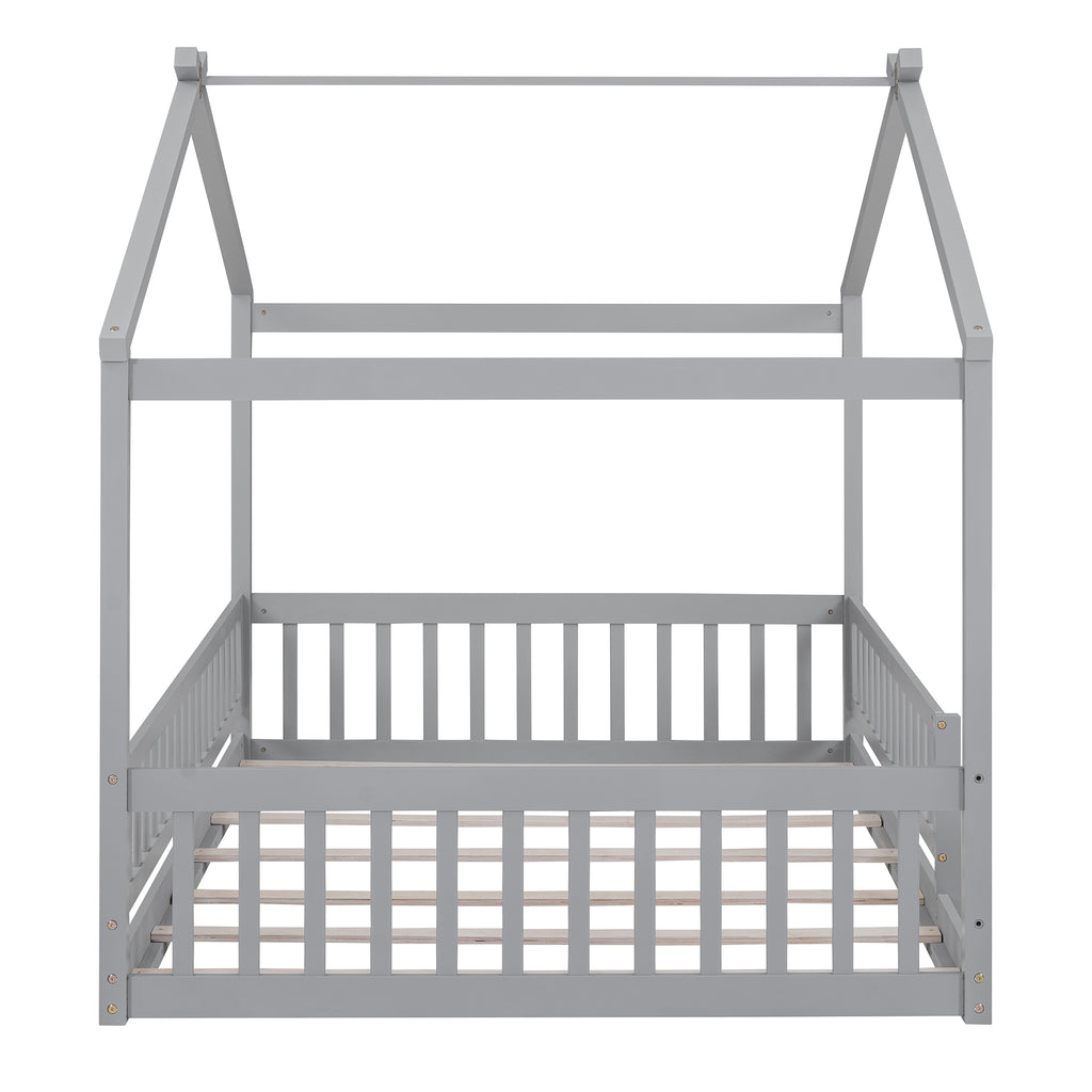 Full Size Wood Bed House Bed Frame with Fence, for Kids, Teens, Girls, Boys,Gray