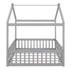 Full Size Wood Bed House Bed Frame with Fence, for Kids, Teens, Girls, Boys,Gray
