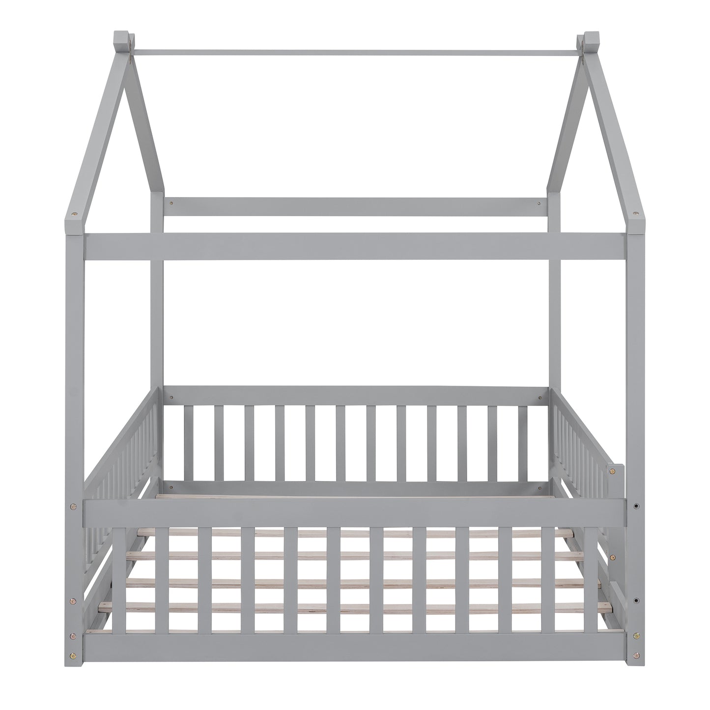Full Size Wood Bed House Bed Frame with Fence, for Kids, Teens, Girls, Boys,Gray