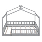Full Size Wood Bed House Bed Frame with Fence, for Kids, Teens, Girls, Boys,Gray