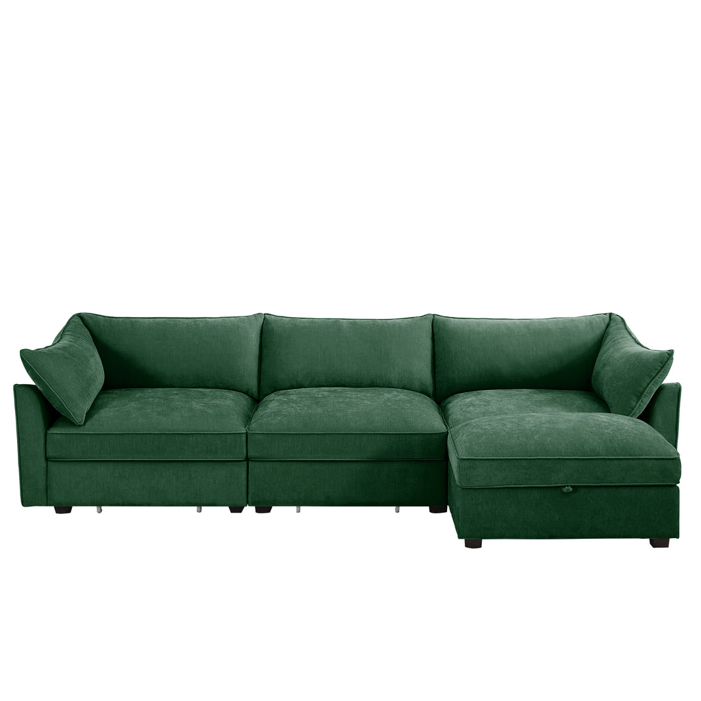 L-Shaped 3 Seater Sectional Sofa Couch,3-seat Sofa with 1 Movable Ottoman, t, Comfortable, Wide and Deep Seat, Chenille Green