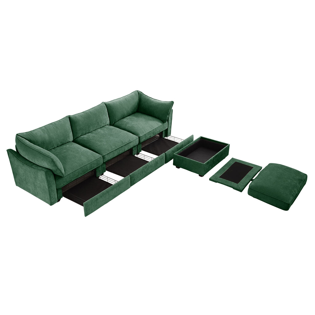 L-Shaped 3 Seater Sectional Sofa Couch,3-seat Sofa with 1 Movable Ottoman, t, Comfortable, Wide and Deep Seat, Chenille Green