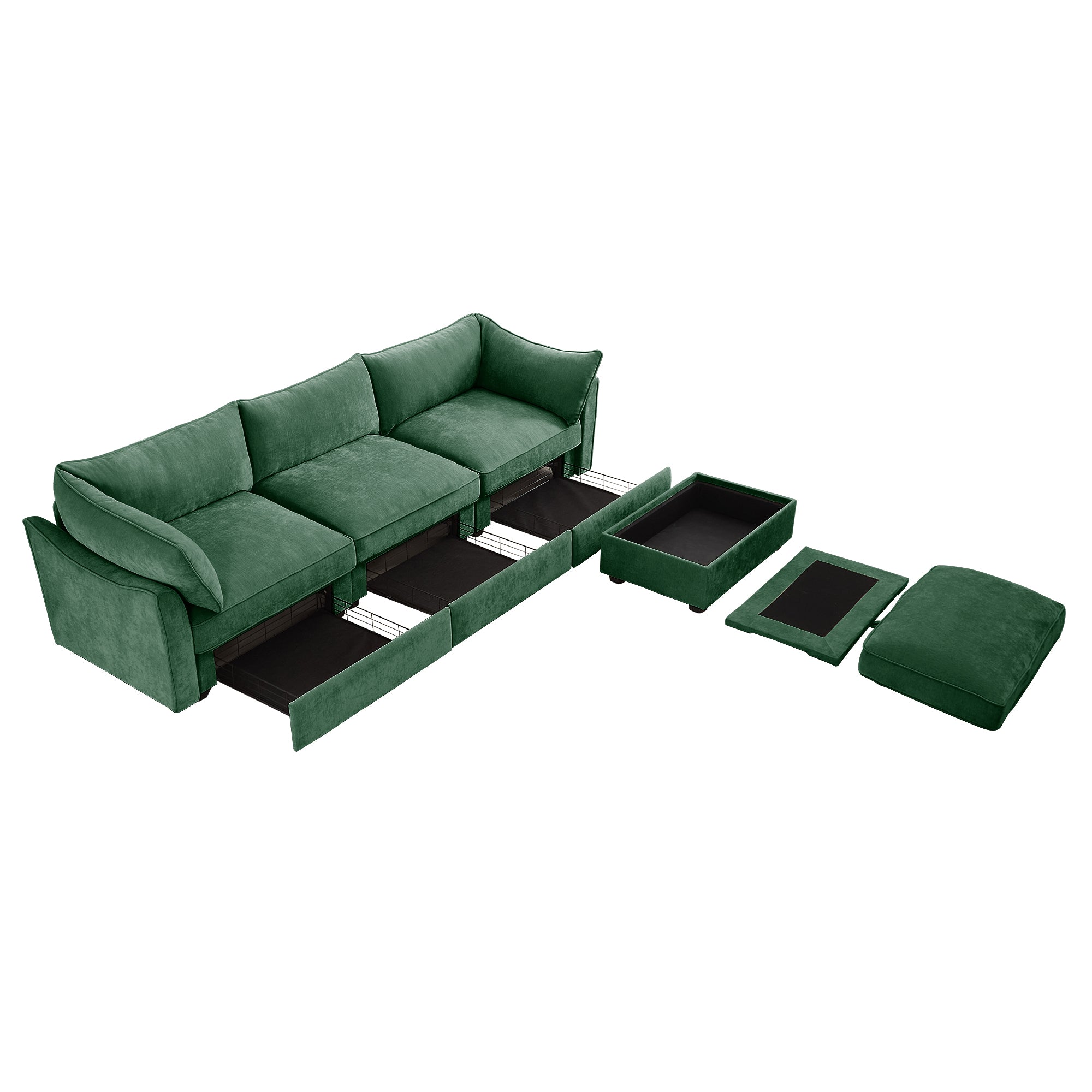 L-Shaped 3 Seater Sectional Sofa Couch,3-seat Sofa with 1 Movable Ottoman, t, Comfortable, Wide and Deep Seat, Chenille Green