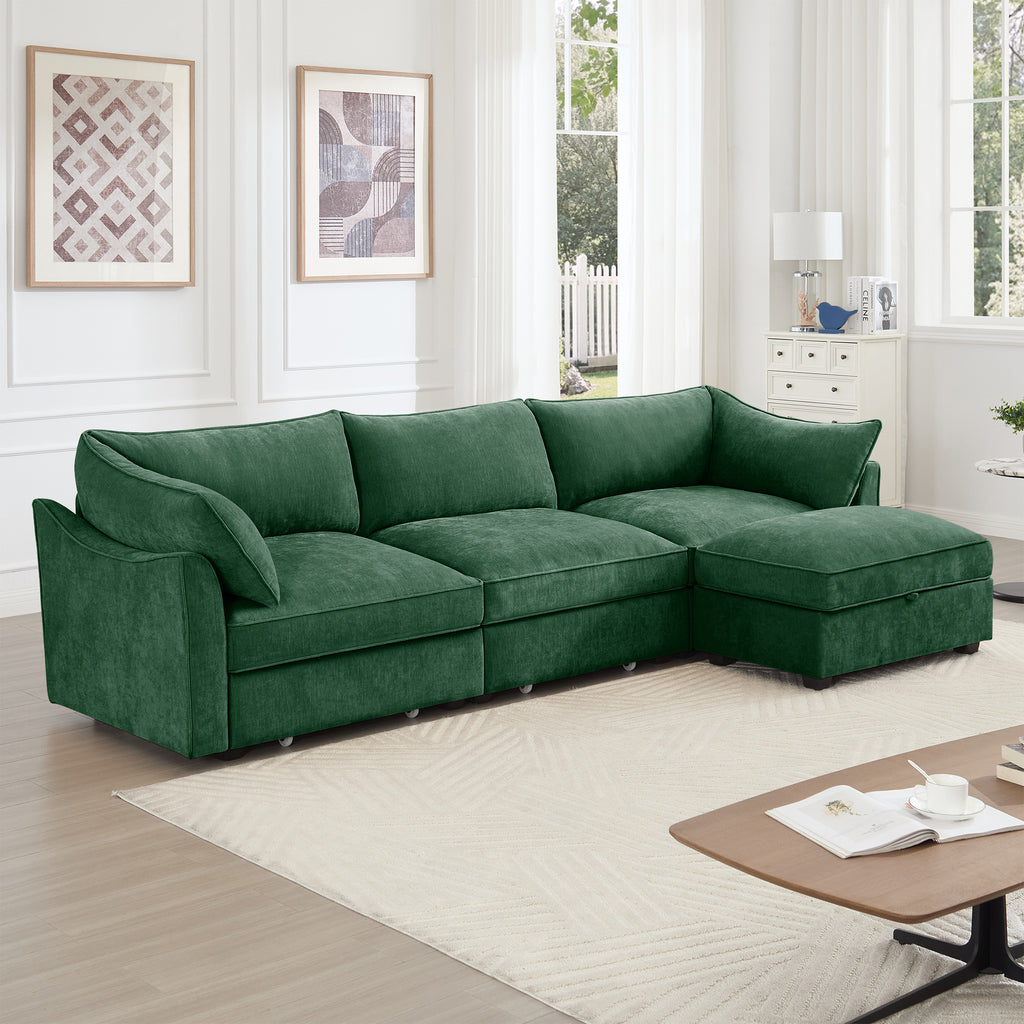 L-Shaped 3 Seater Sectional Sofa Couch,3-seat Sofa with 1 Movable Ottoman, t, Comfortable, Wide and Deep Seat, Chenille Green