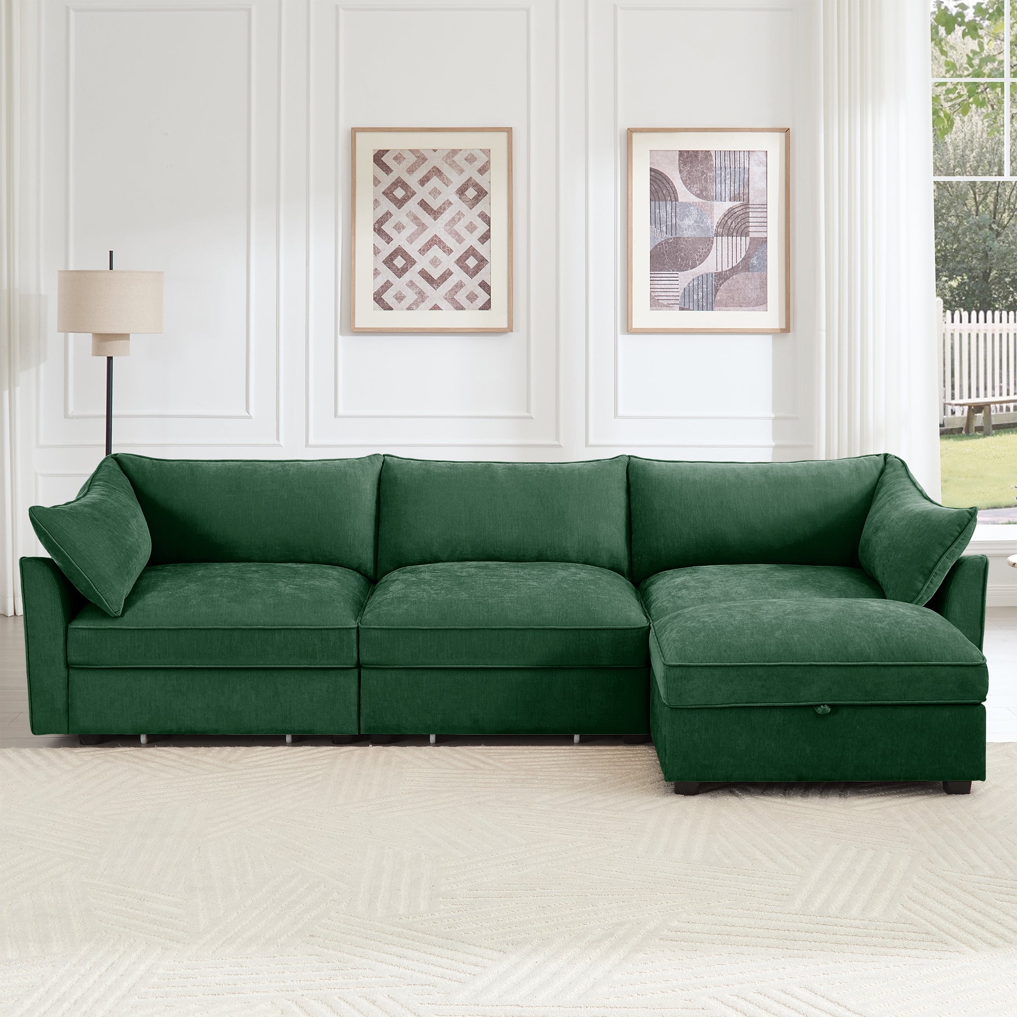 L-Shaped 3 Seater Sectional Sofa Couch,3-seat Sofa with 1 Movable Ottoman, t, Comfortable, Wide and Deep Seat, Chenille Green