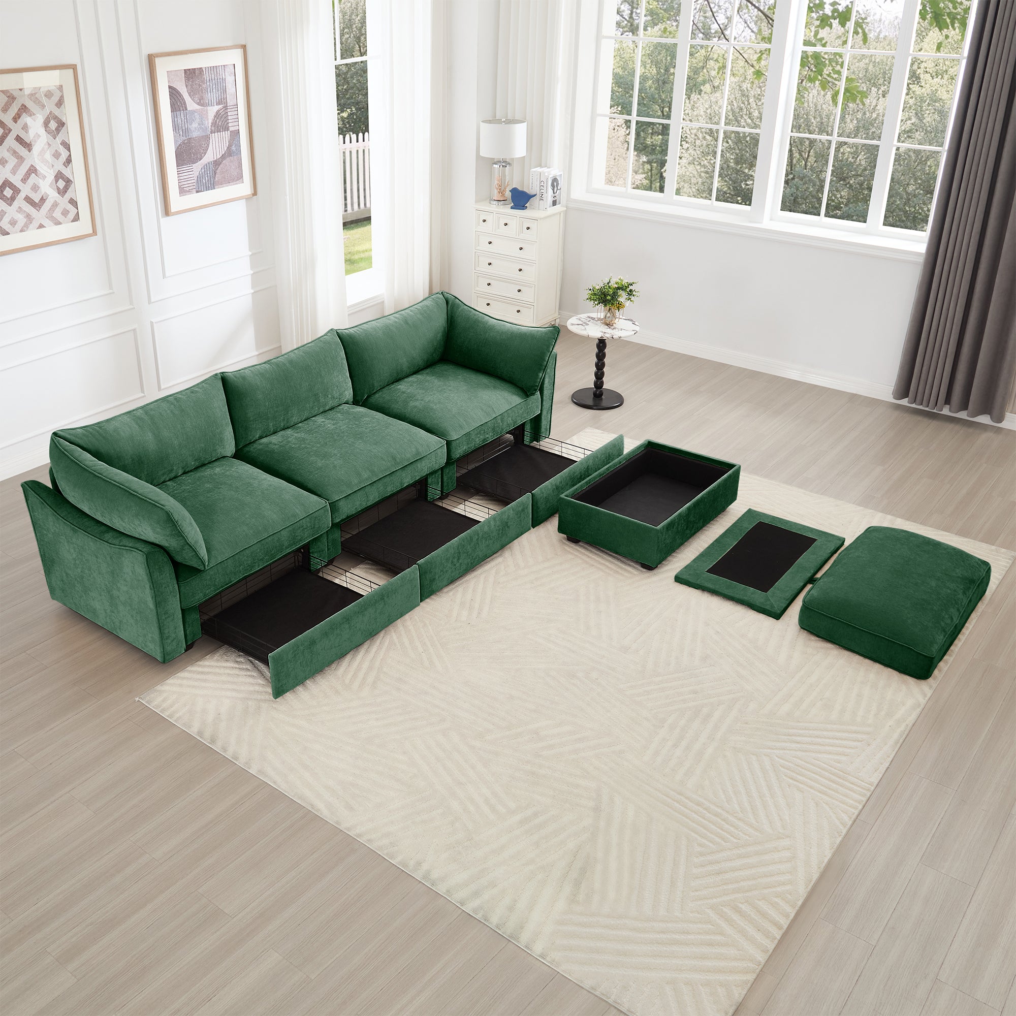 L-Shaped 3 Seater Sectional Sofa Couch,3-seat Sofa with 1 Movable Ottoman, t, Comfortable, Wide and Deep Seat, Chenille Green