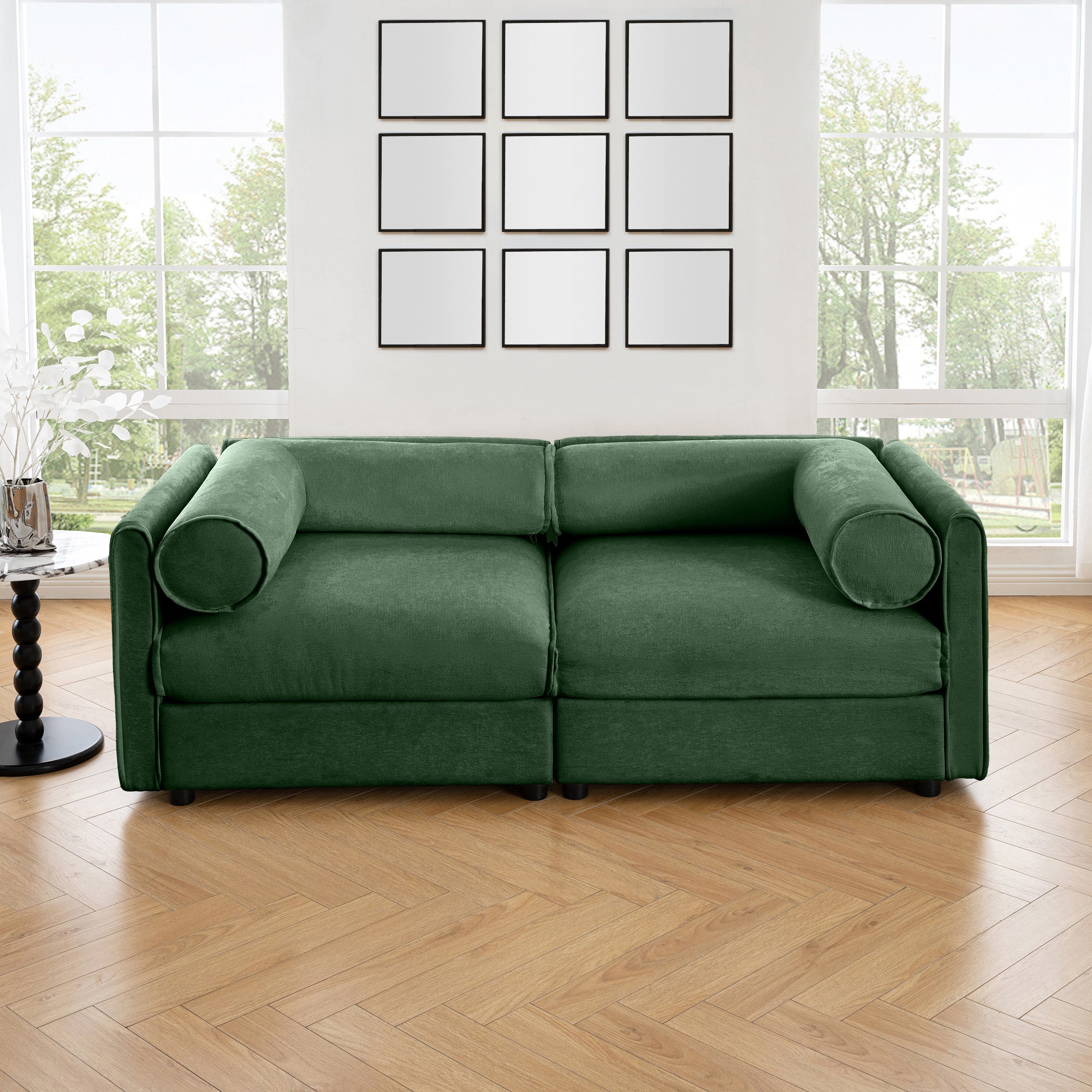 Stylish Green Chenille 2-Seater Sofa with Storage Seat, Cylindrical Backrest and Armrests, Modern Fabric Loveseat Featuring Hidden Storage Space