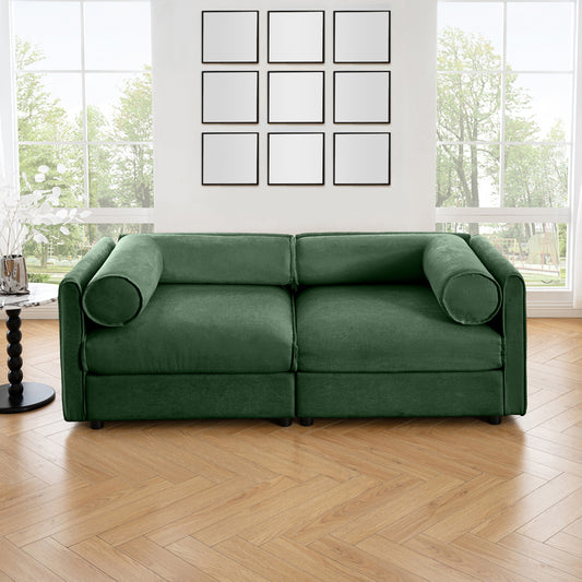 Stylish Green Chenille 2-Seater Sofa with Storage Seat, Cylindrical Backrest and Armrests, Modern Fabric Loveseat Featuring Hidden Storage Space