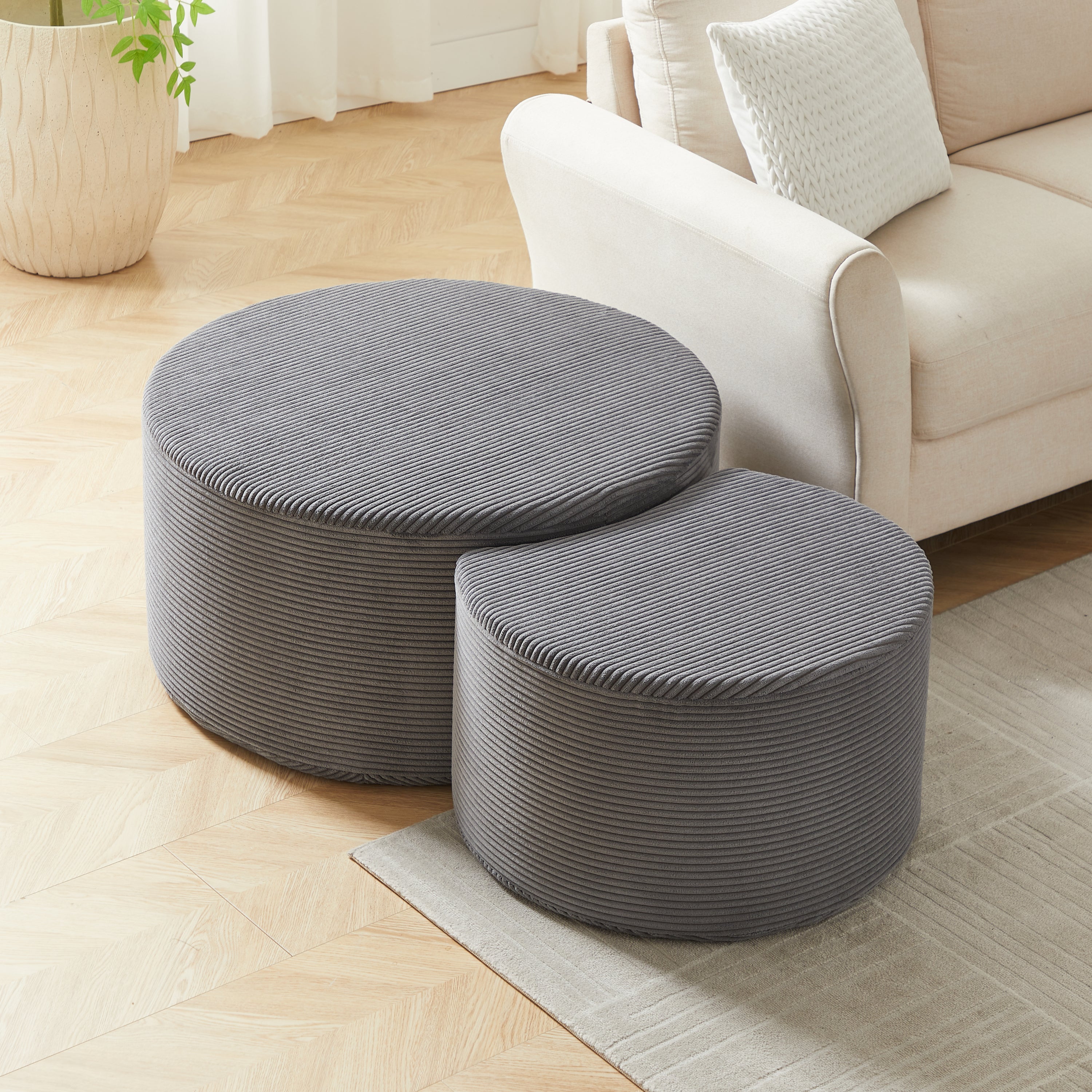 Nesting Coffee Table Set of 2,Upholstered Round Coffee Tables Set of 2 for Living Room, Modern Foam Round Coffee Table Side Table End Table Ottoman, No Assembly