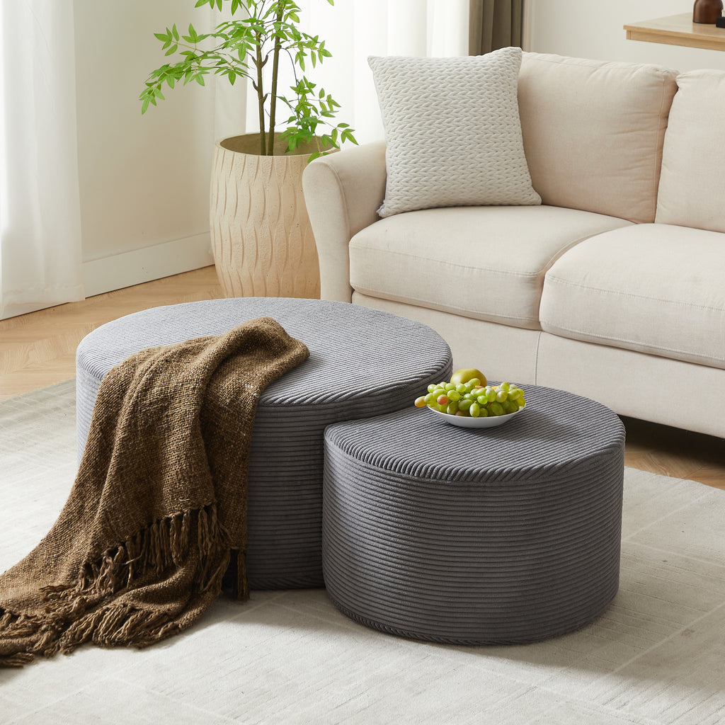 Nesting Coffee Table Set of 2,Upholstered Round Coffee Tables Set of 2 for Living Room, Modern Foam Round Coffee Table Side Table End Table Ottoman, No Assembly