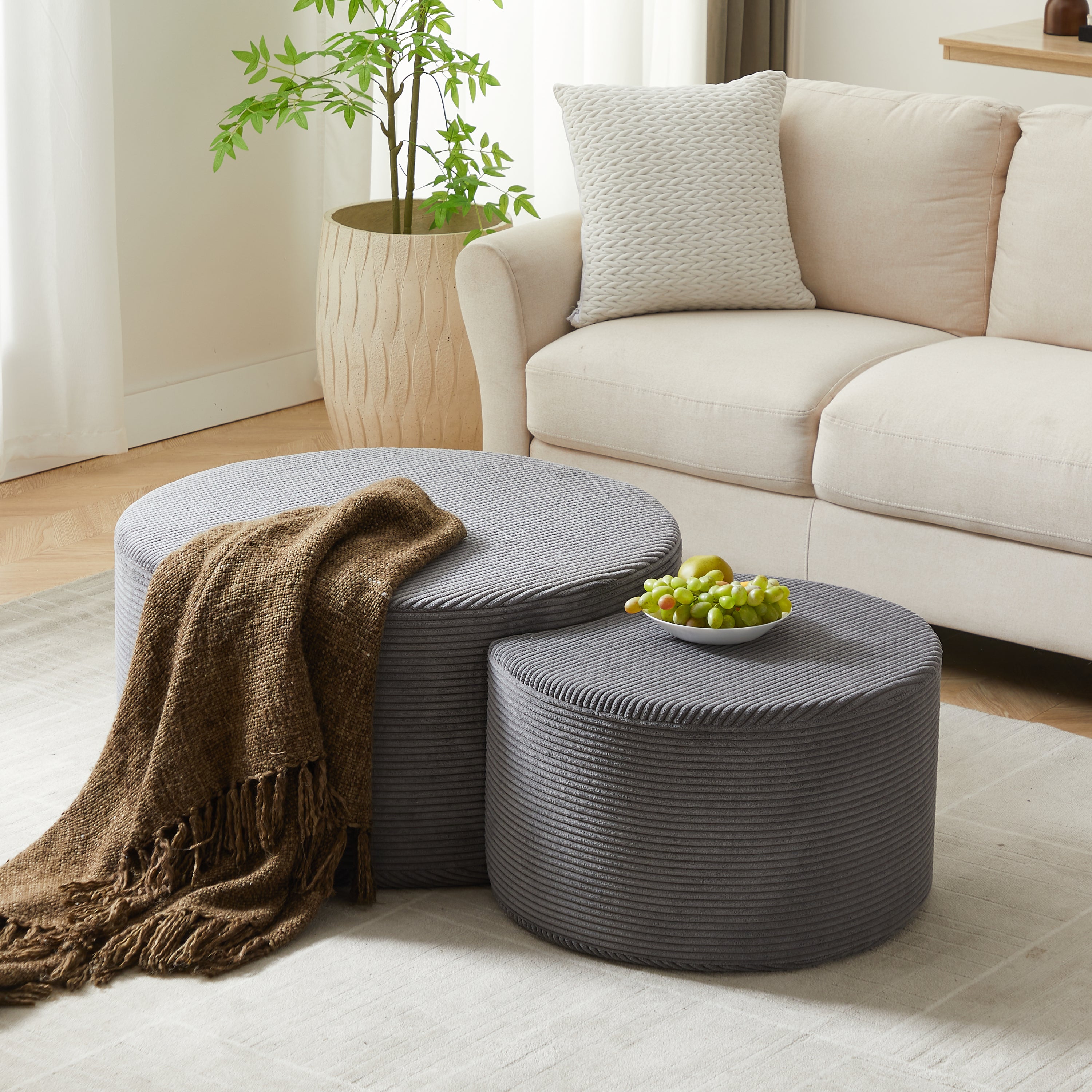 Nesting Coffee Table Set of 2,Upholstered Round Coffee Tables Set of 2 for Living Room, Modern Foam Round Coffee Table Side Table End Table Ottoman, No Assembly