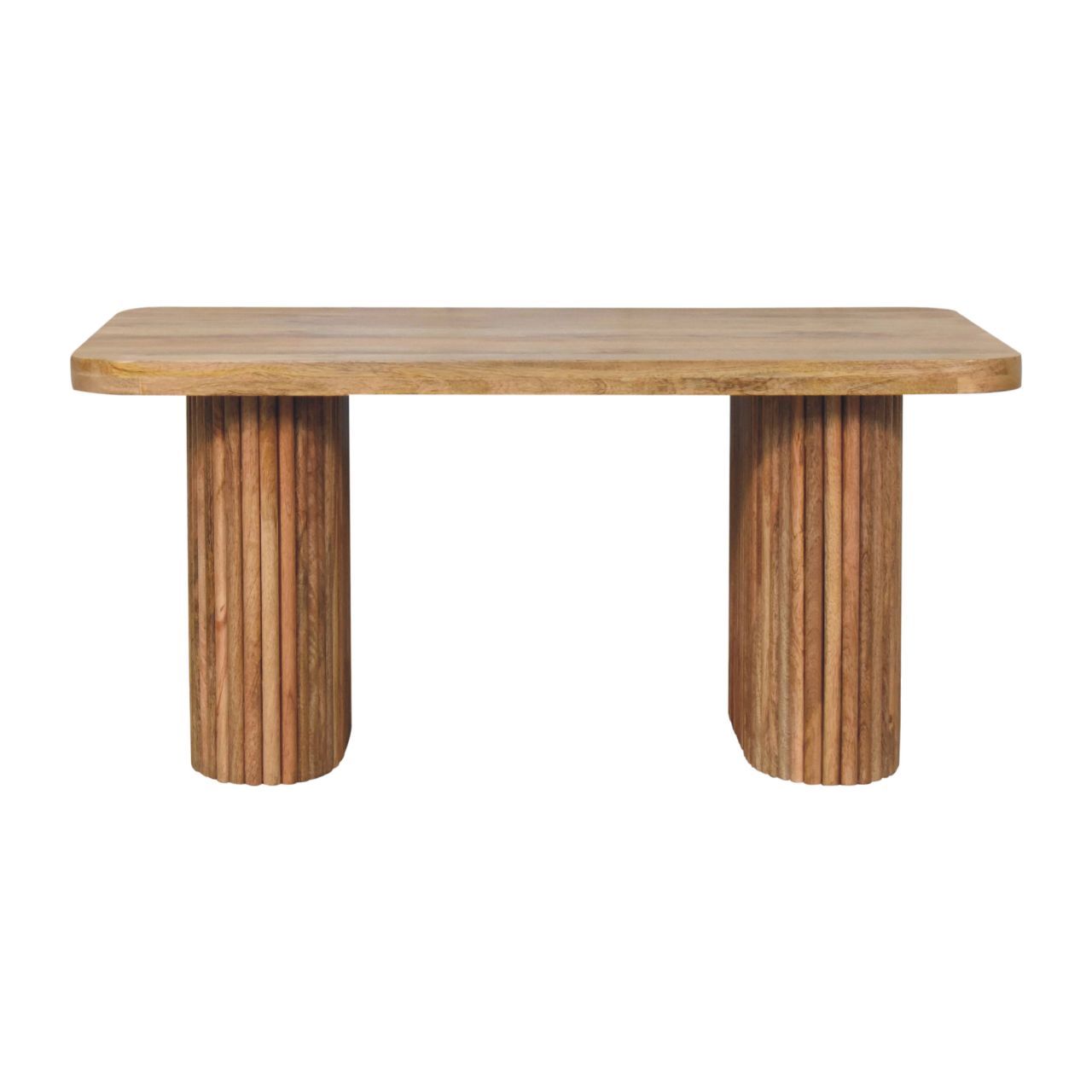 Wooden table with cylindrical legs on a white background