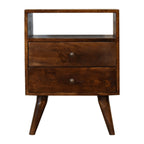Wooden nightstand with two drawers on a white background
