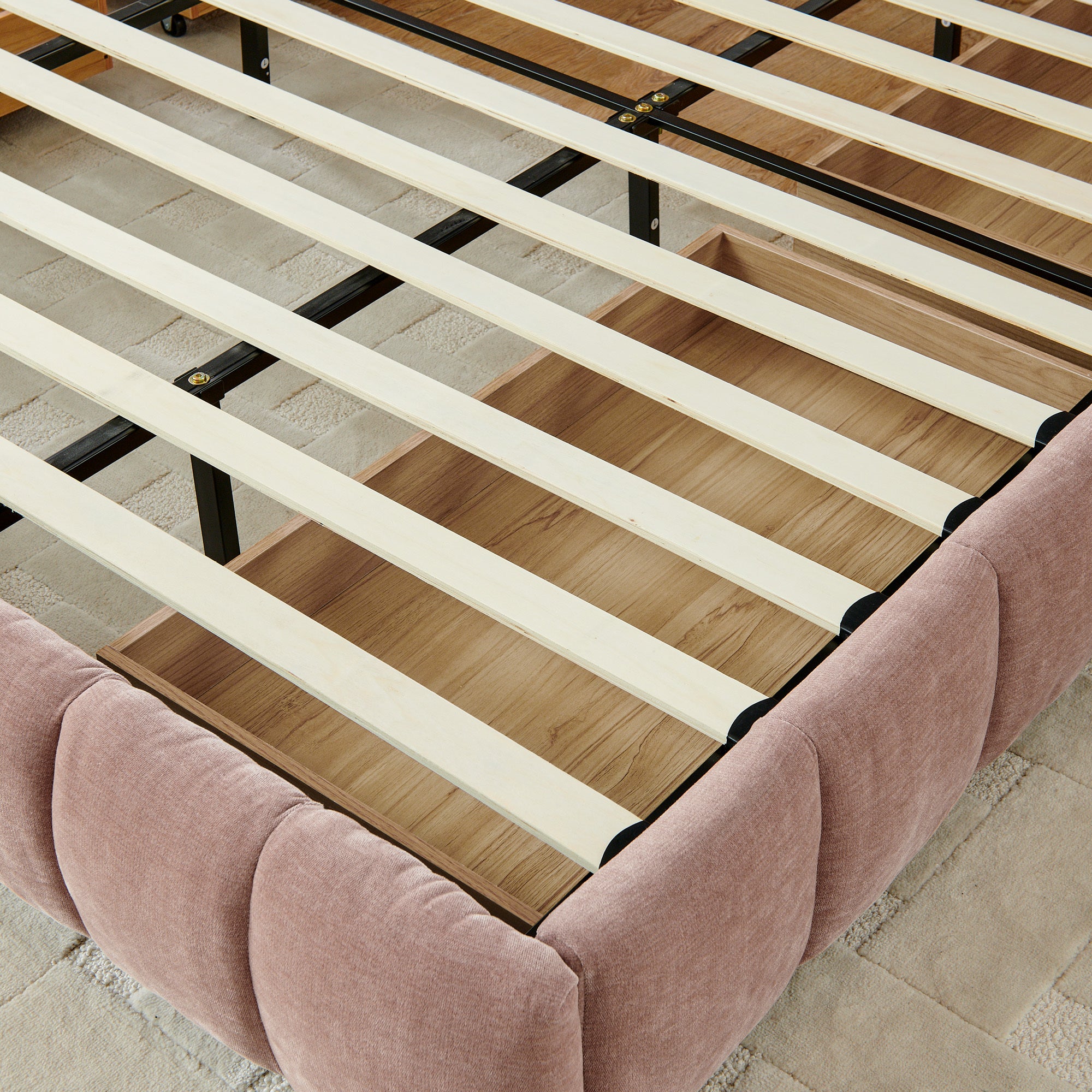 Modern King Size Upholstered Bed with Headboard and Storage Drawer in Pink Chenille Fabric