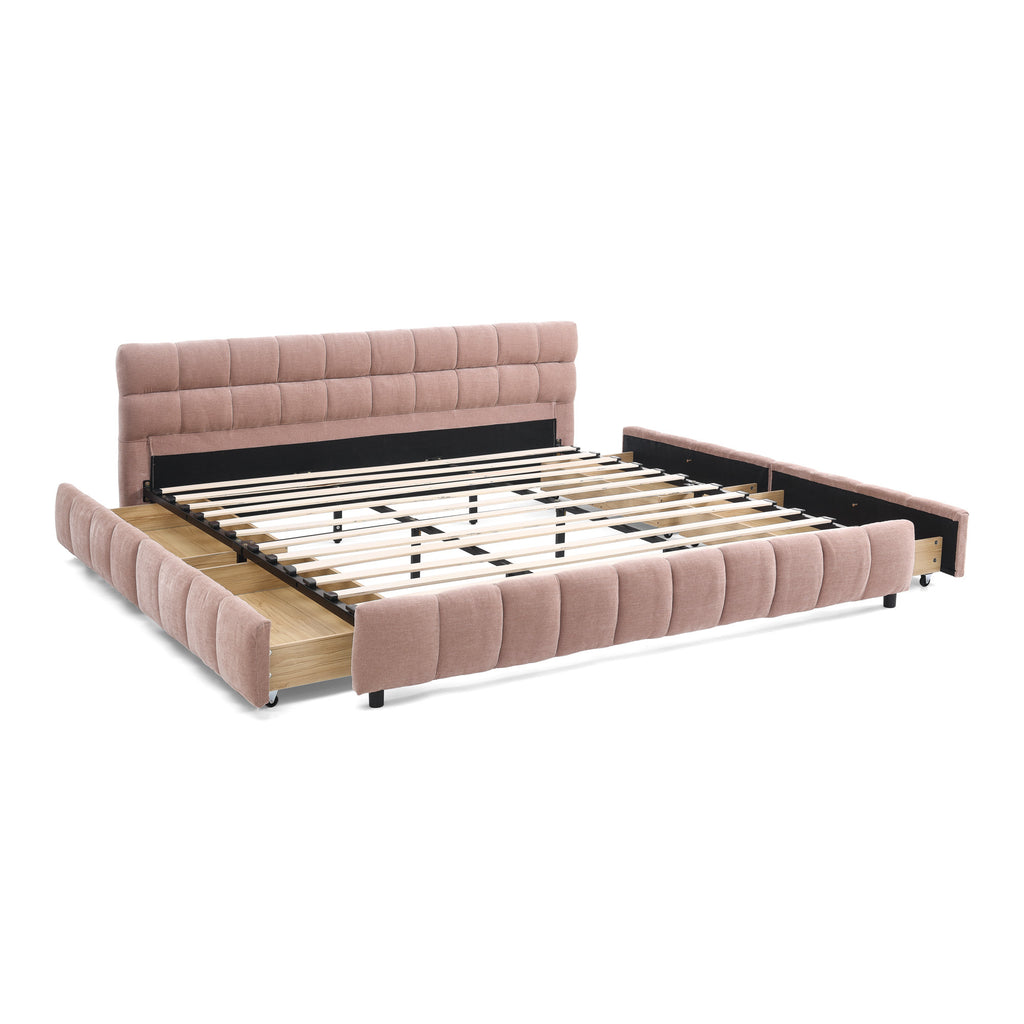 Modern King Size Upholstered Bed with Headboard and Storage Drawer in Pink Chenille Fabric