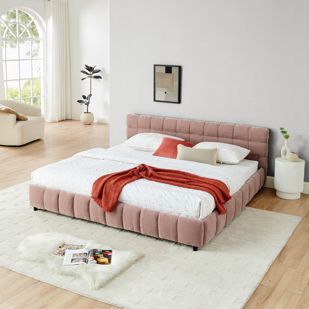 Modern King Size Upholstered Bed with Headboard and Storage Drawer in Pink Chenille Fabric
