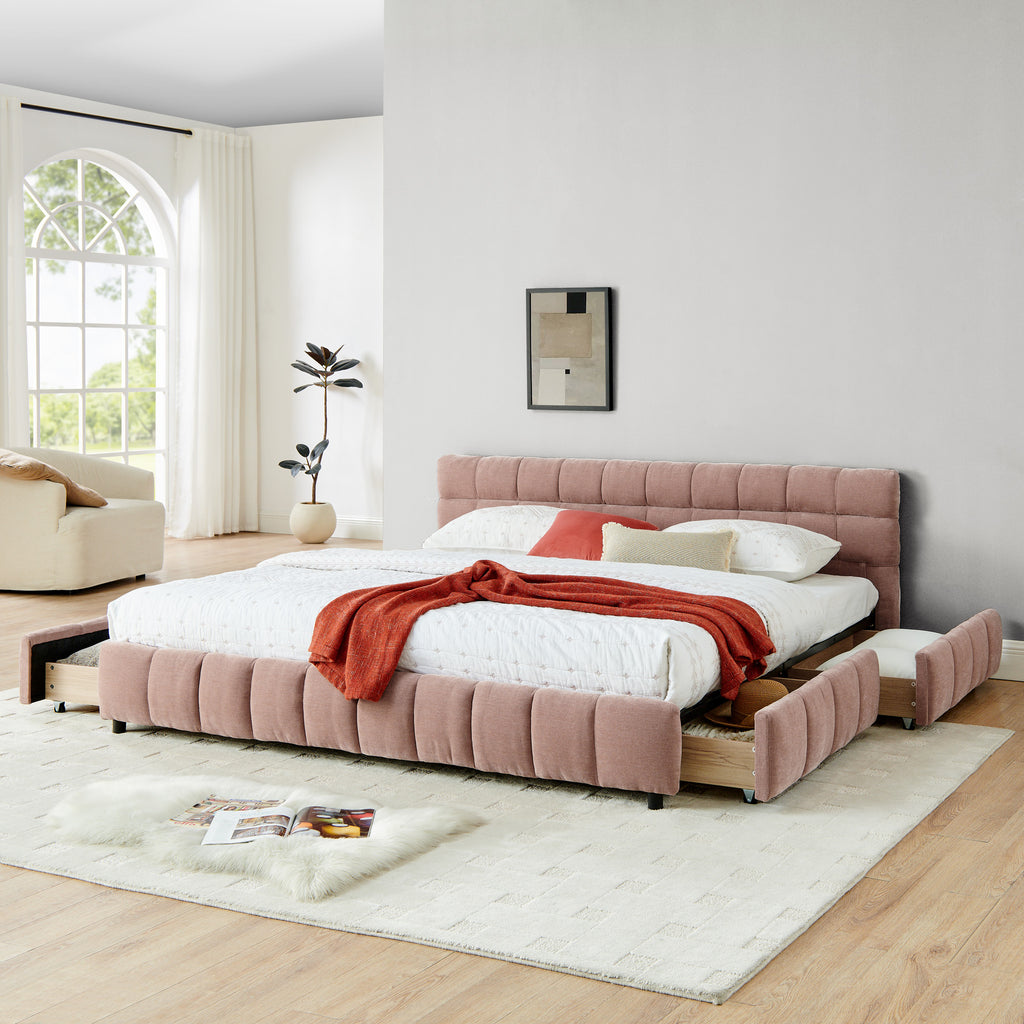 Modern King Size Upholstered Bed with Headboard and Storage Drawer in Pink Chenille Fabric