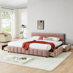 Modern King Size Upholstered Bed with Headboard and Storage Drawer in Pink Chenille Fabric