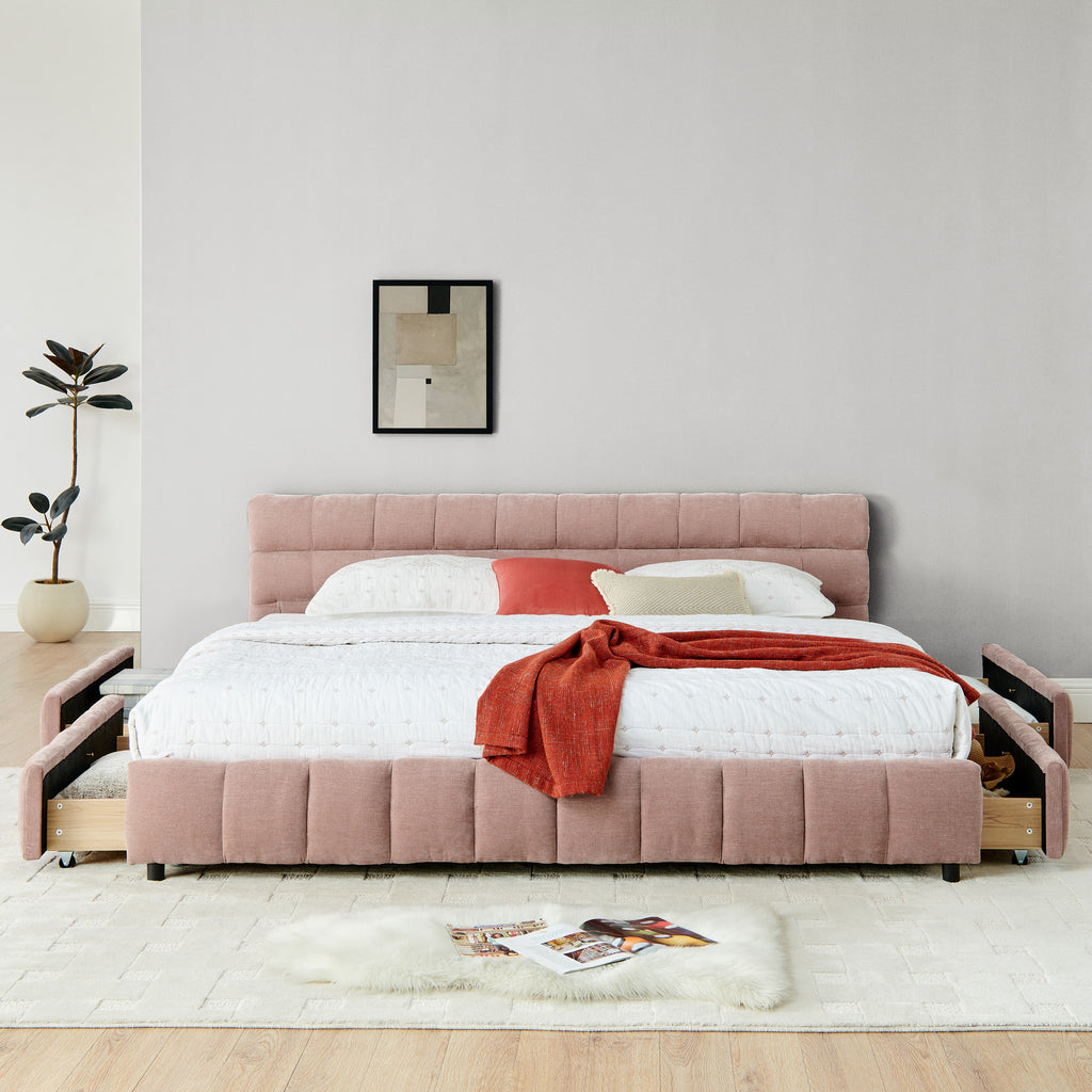 Modern King Size Upholstered Bed with Headboard and Storage Drawer in Pink Chenille Fabric