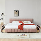 Modern King Size Upholstered Bed with Headboard and Storage Drawer in Pink Chenille Fabric