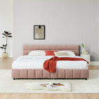 Modern King Size Upholstered Bed with Headboard and Storage Drawer in Pink Chenille Fabric