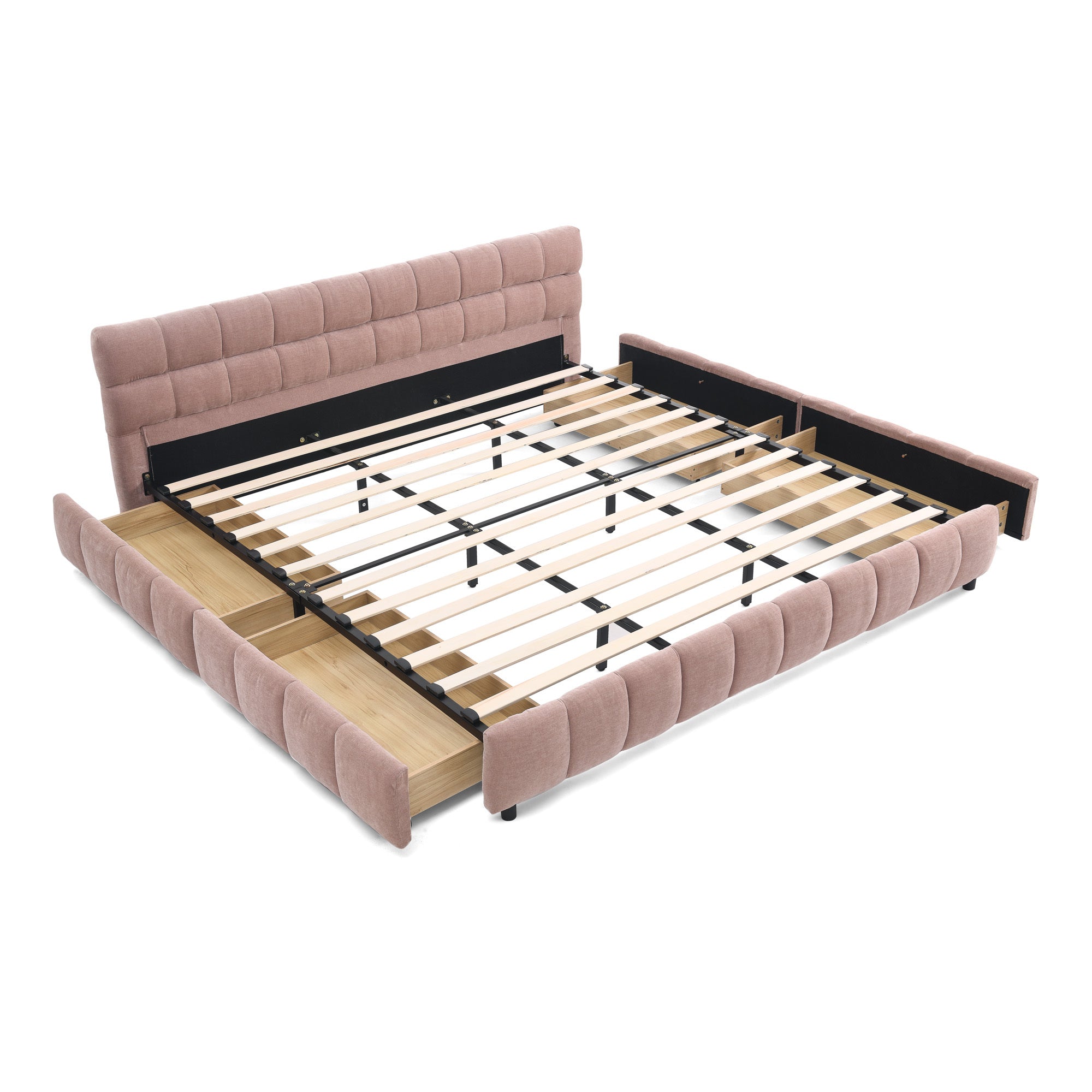 Modern King Size Upholstered Bed with Headboard and Storage Drawer in Pink Chenille Fabric