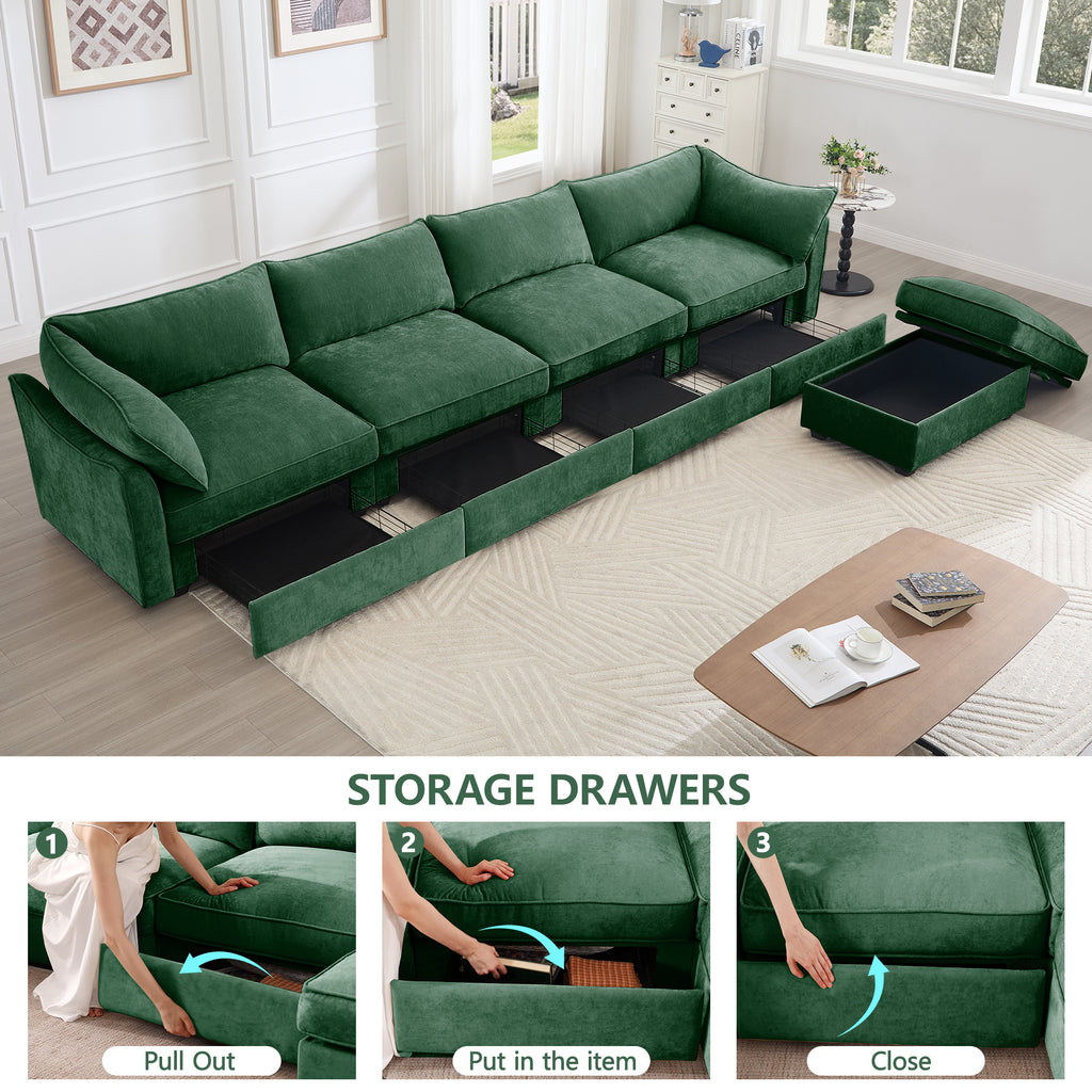 L-Shaped 4 Seater Sectional Sofa Couch,4-seat Sofa with 1 Movable Ottoman, Crescent-shaped Armrests And Wraparound Back & Armrest Cushions, ,Chenille Green