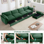 L-Shaped 4 Seater Sectional Sofa Couch,4-seat Sofa with 1 Movable Ottoman, Crescent-shaped Armrests And Wraparound Back & Armrest Cushions, ,Chenille Green