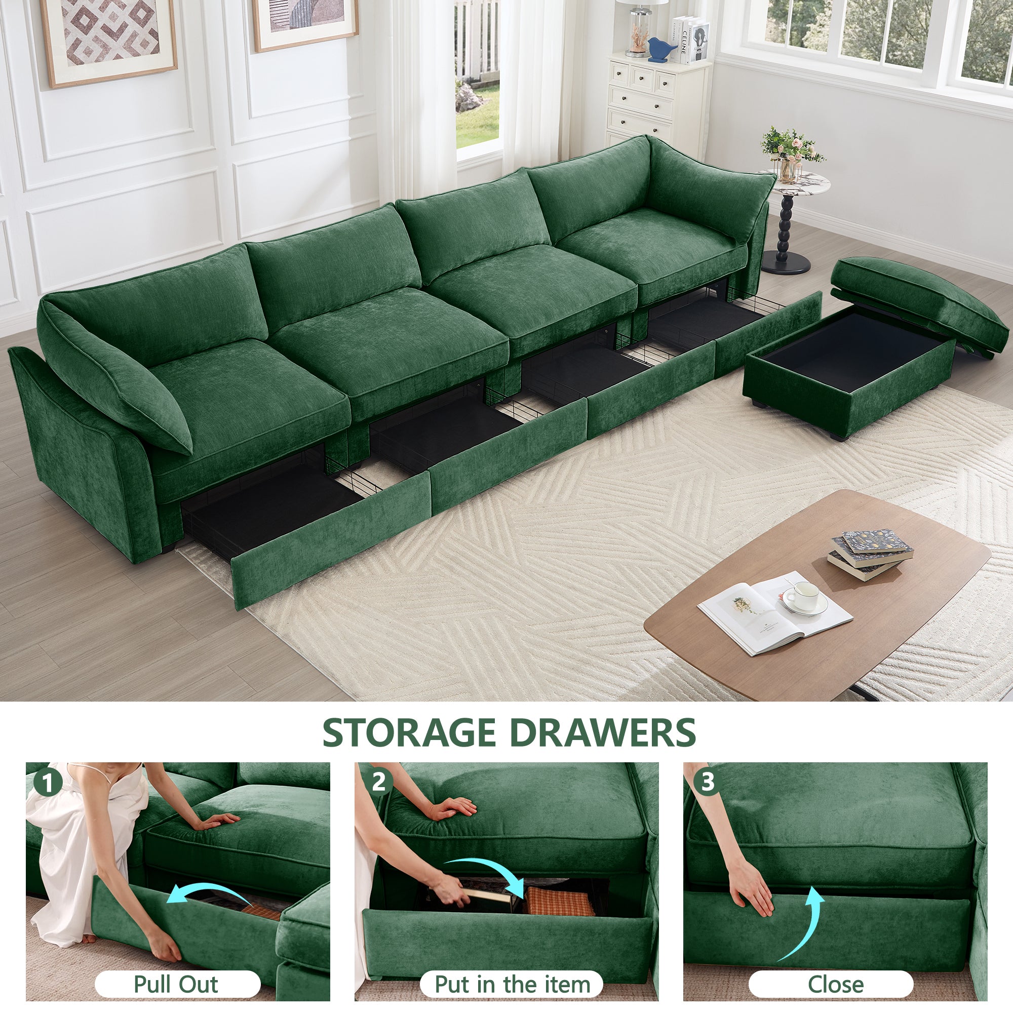 L-Shaped 4 Seater Sectional Sofa Couch,4-seat Sofa with 1 Movable Ottoman, Crescent-shaped Armrests And Wraparound Back & Armrest Cushions, ,Chenille Green