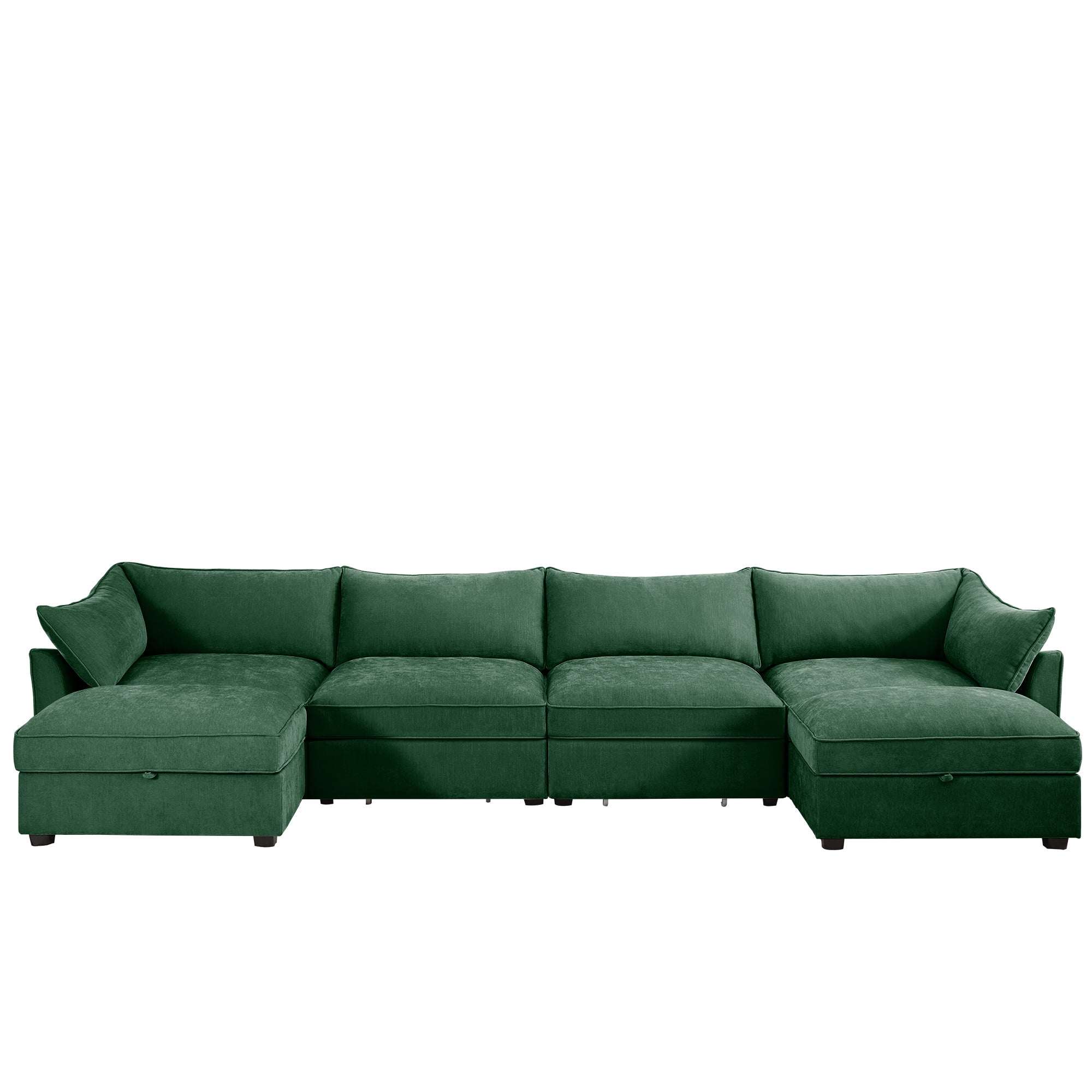 L-Shaped 4 Seater Sectional Sofa Couch,4-seat Sofa with 1 Movable Ottoman, Crescent-shaped Armrests And Wraparound Back & Armrest Cushions, ,Chenille Green