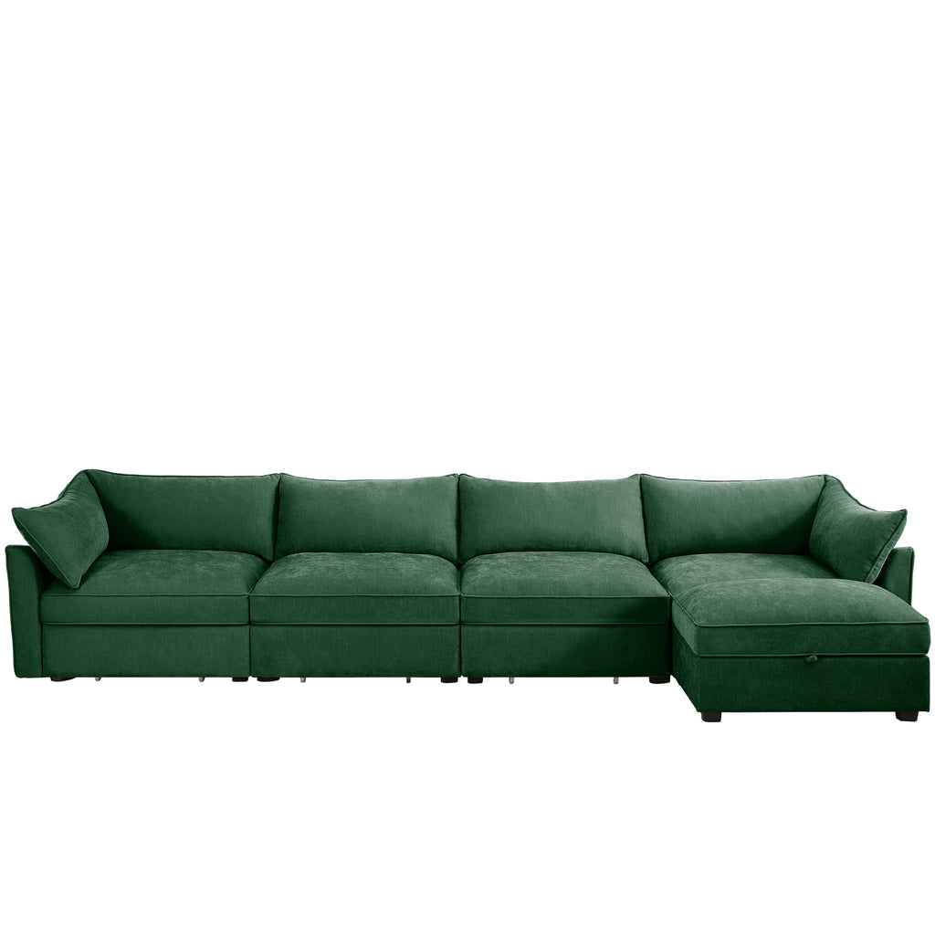 L-Shaped 4 Seater Sectional Sofa Couch,4-seat Sofa with 1 Movable Ottoman, Crescent-shaped Armrests And Wraparound Back & Armrest Cushions, ,Chenille Green