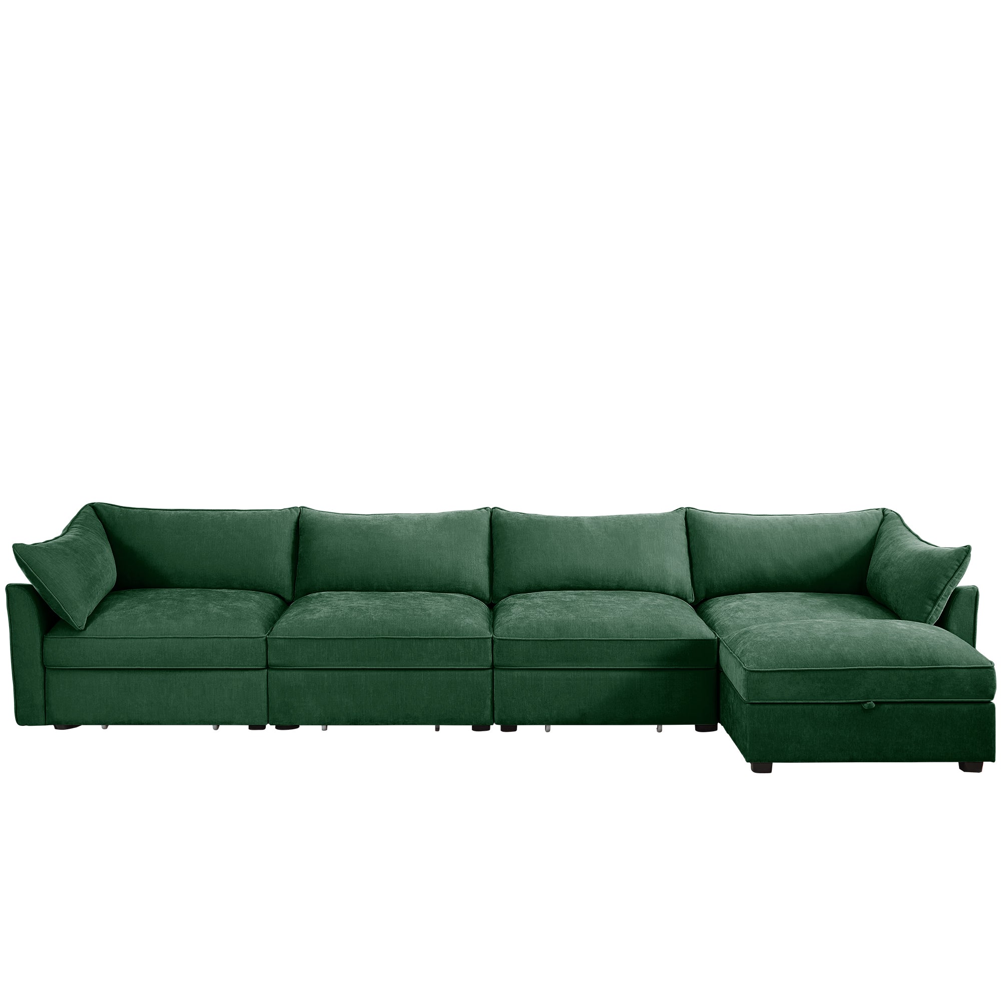 L-Shaped 4 Seater Sectional Sofa Couch,4-seat Sofa with 1 Movable Ottoman, Crescent-shaped Armrests And Wraparound Back & Armrest Cushions, ,Chenille Green