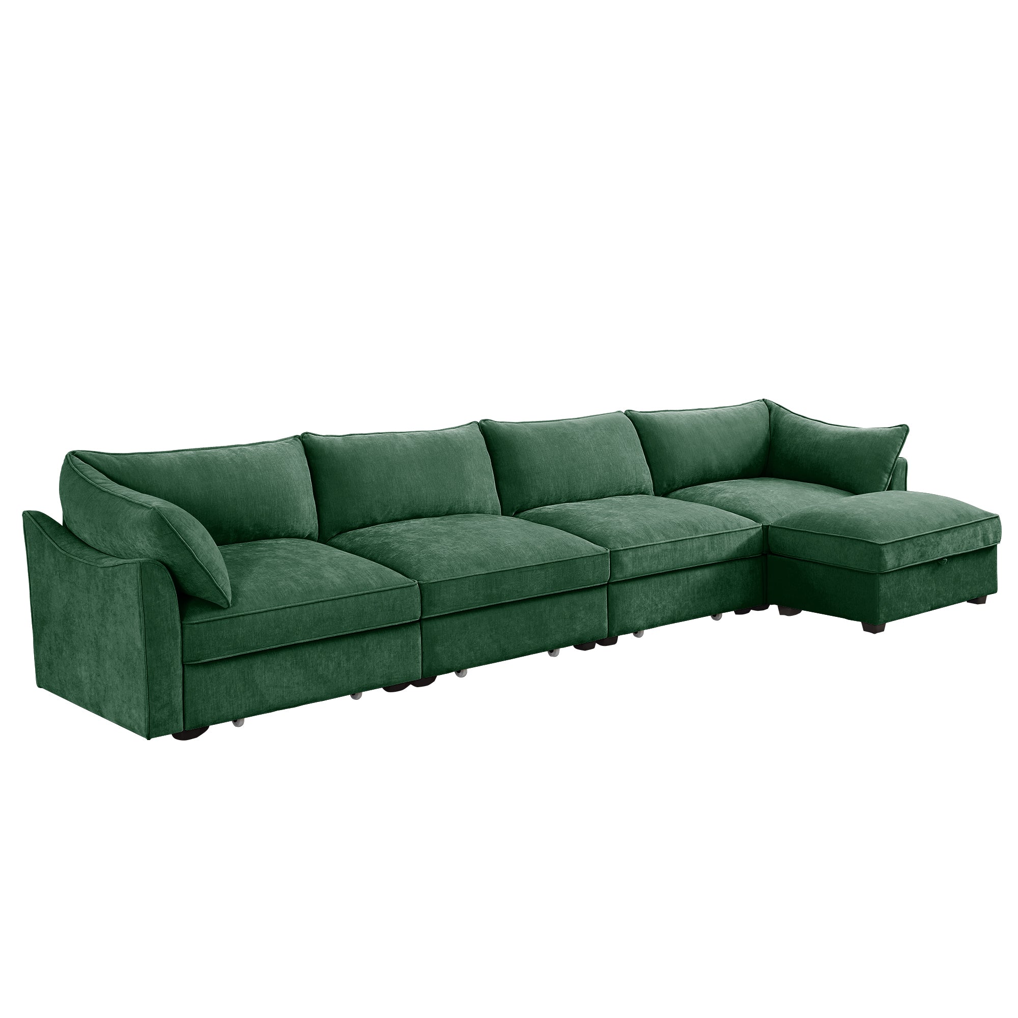 L-Shaped 4 Seater Sectional Sofa Couch,4-seat Sofa with 1 Movable Ottoman, Crescent-shaped Armrests And Wraparound Back & Armrest Cushions, ,Chenille Green