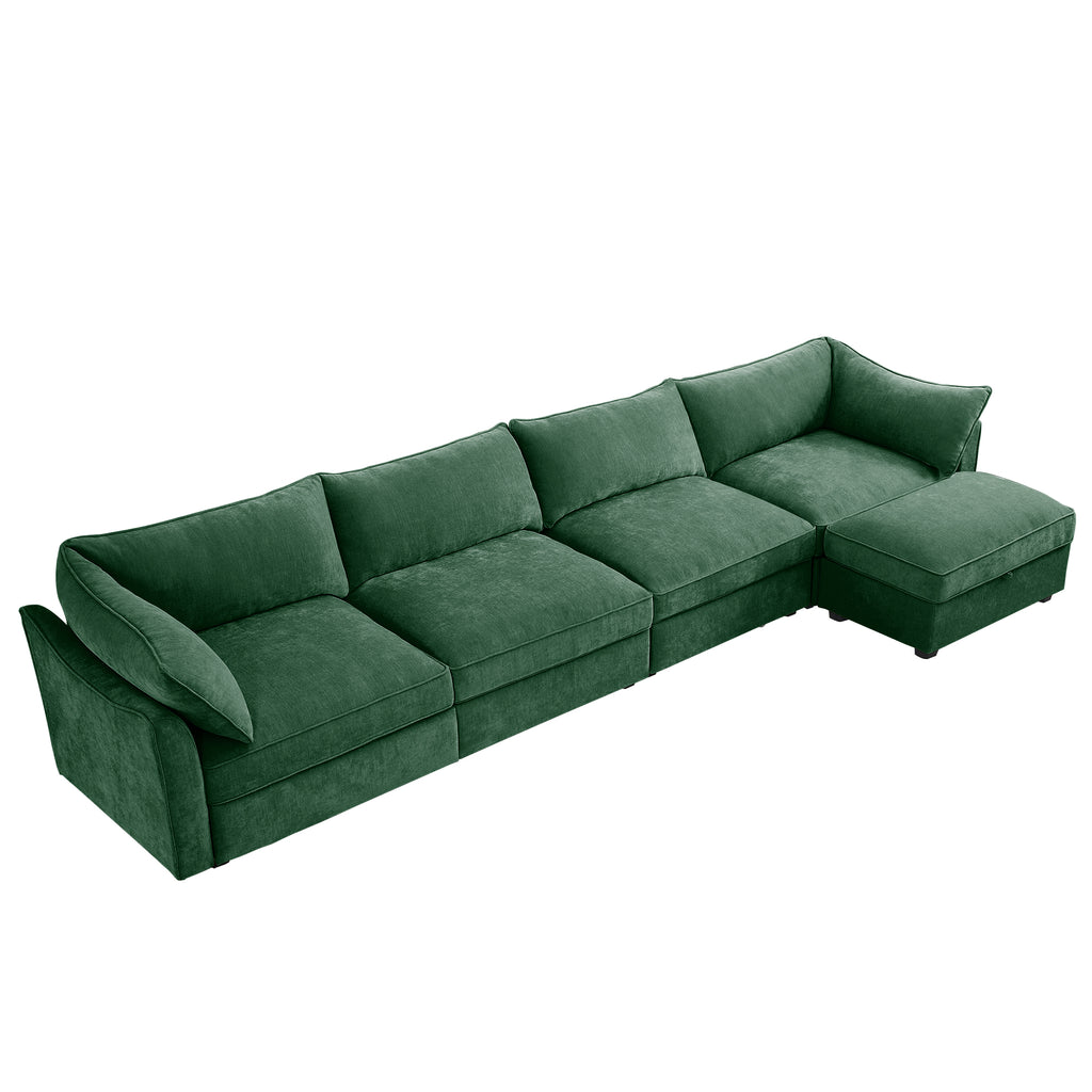 L-Shaped 4 Seater Sectional Sofa Couch,4-seat Sofa with 1 Movable Ottoman, Crescent-shaped Armrests And Wraparound Back & Armrest Cushions, ,Chenille Green