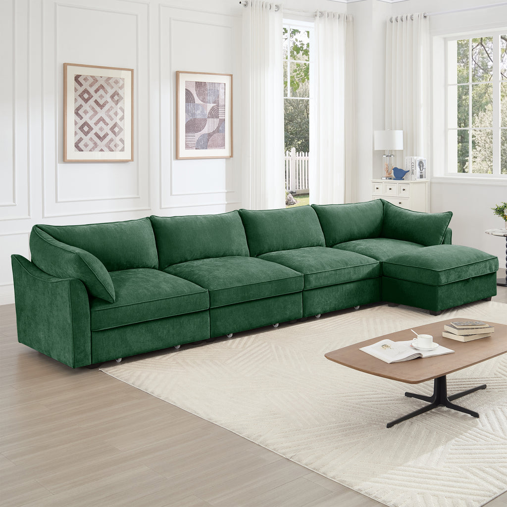 L-Shaped 4 Seater Sectional Sofa Couch,4-seat Sofa with 1 Movable Ottoman, Crescent-shaped Armrests And Wraparound Back & Armrest Cushions, ,Chenille Green