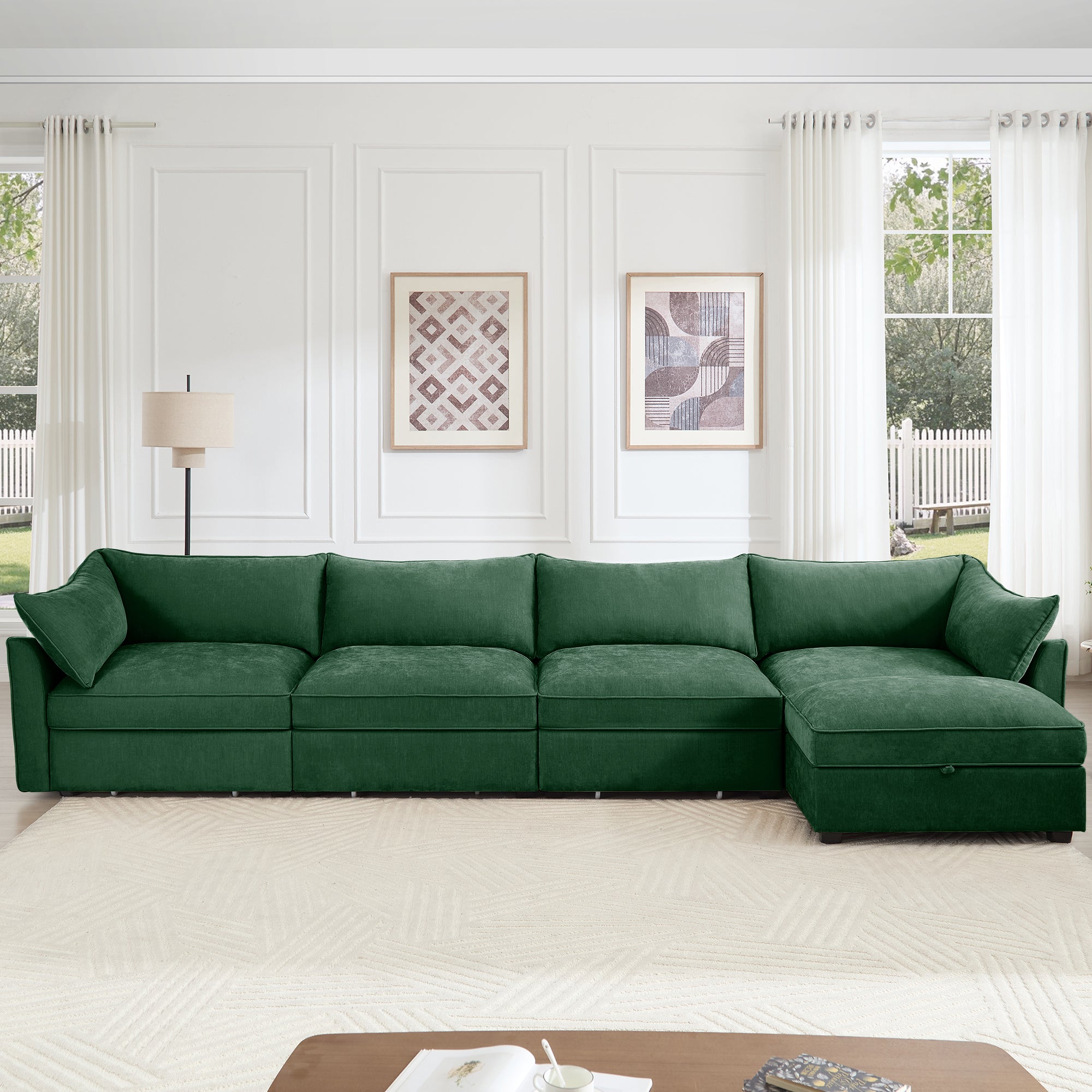 L-Shaped 4 Seater Sectional Sofa Couch,4-seat Sofa with 1 Movable Ottoman, Crescent-shaped Armrests And Wraparound Back & Armrest Cushions, ,Chenille Green