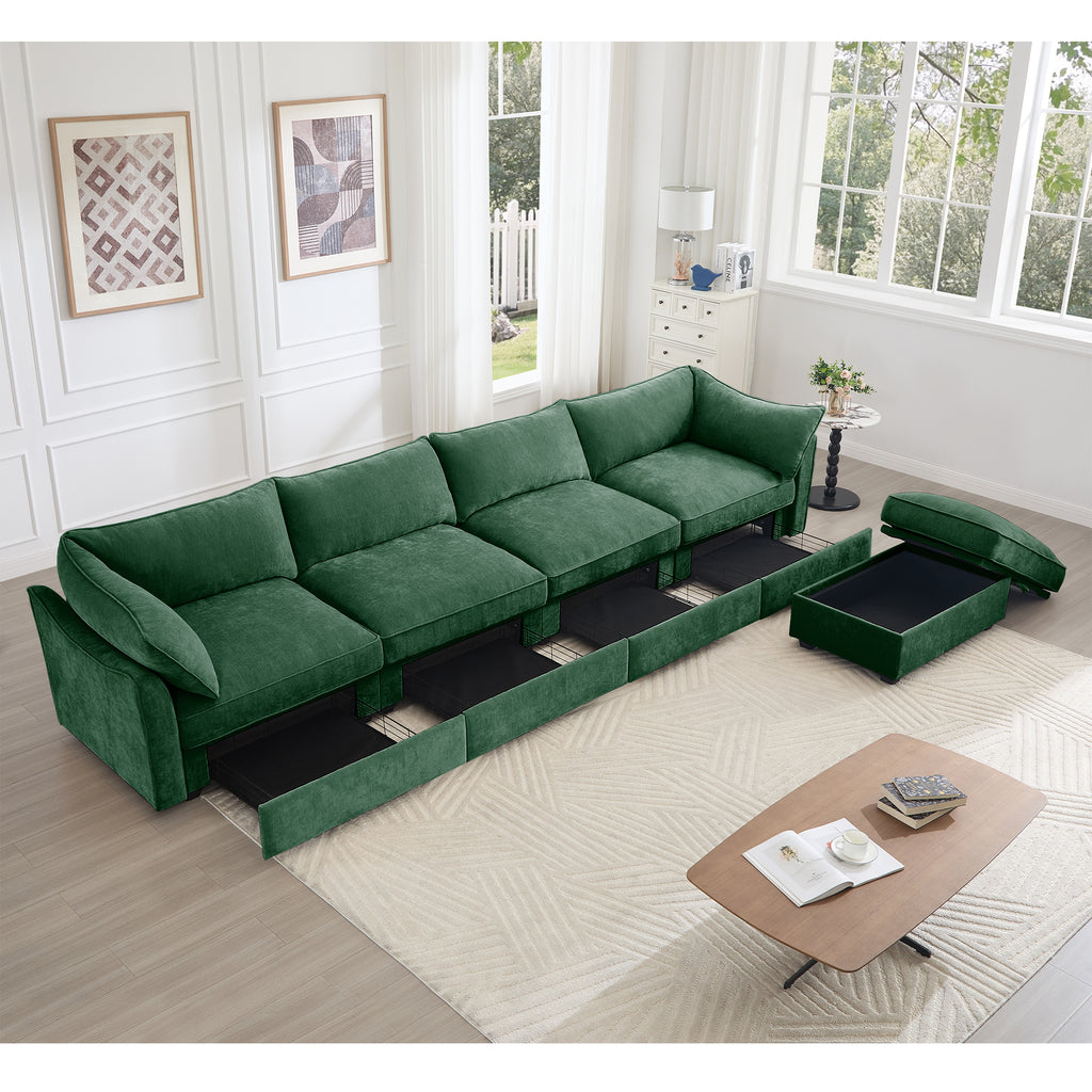 L-Shaped 4 Seater Sectional Sofa Couch,4-seat Sofa with 1 Movable Ottoman, Crescent-shaped Armrests And Wraparound Back & Armrest Cushions, ,Chenille Green