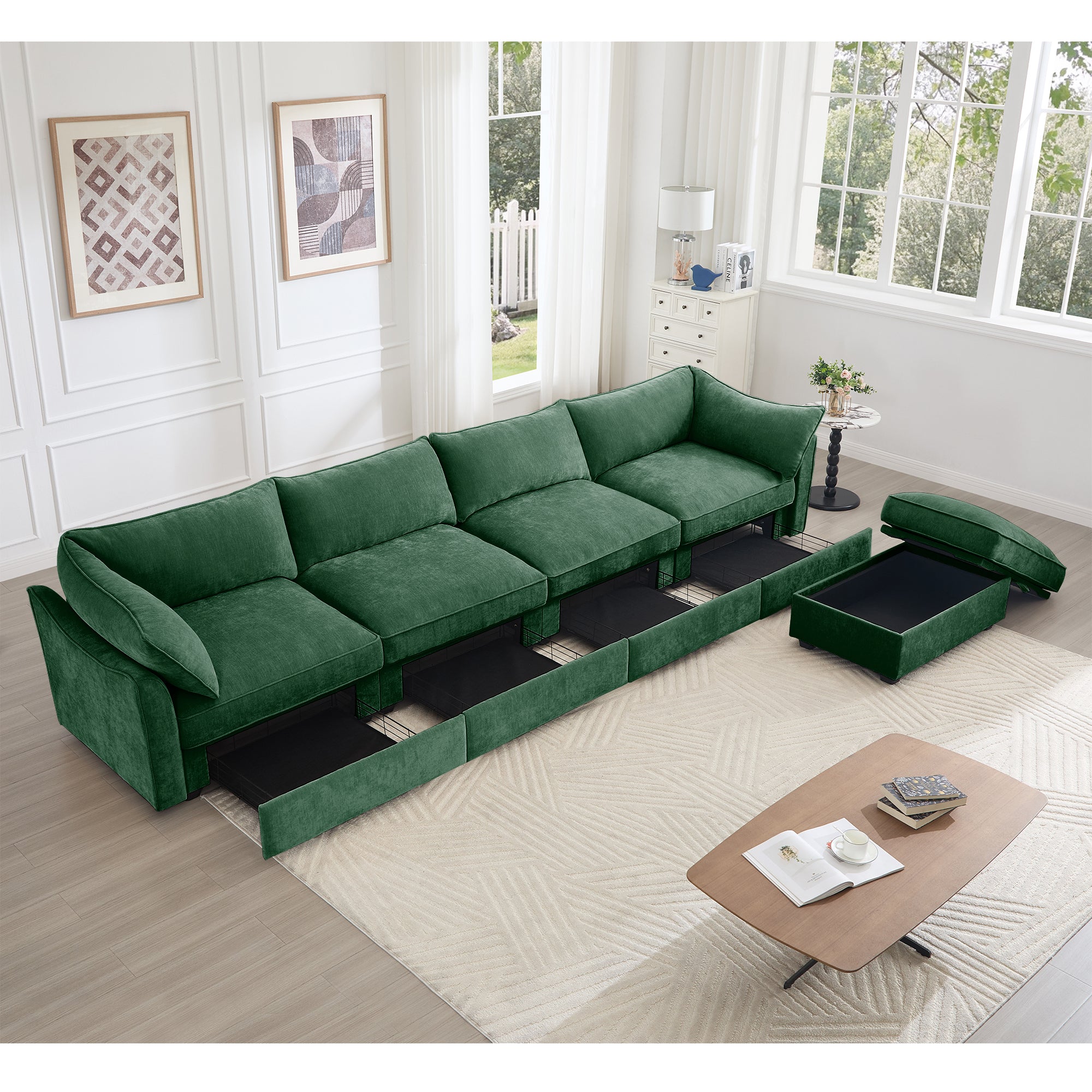 L-Shaped 4 Seater Sectional Sofa Couch,4-seat Sofa with 1 Movable Ottoman, Crescent-shaped Armrests And Wraparound Back & Armrest Cushions, ,Chenille Green