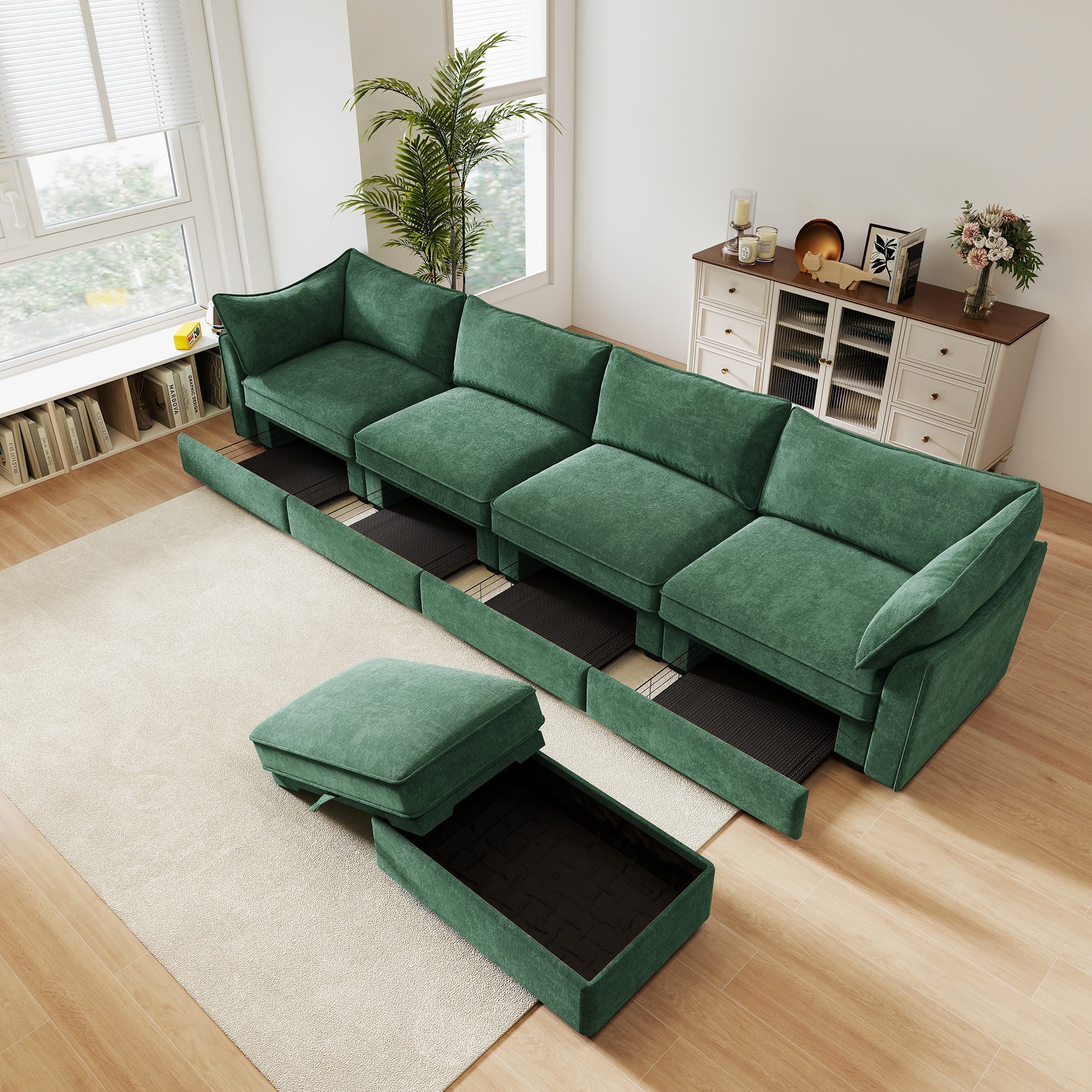 L-Shaped 4 Seater Sectional Sofa Couch,4-seat Sofa with 1 Movable Ottoman, Crescent-shaped Armrests And Wraparound Back & Armrest Cushions, ,Chenille Green