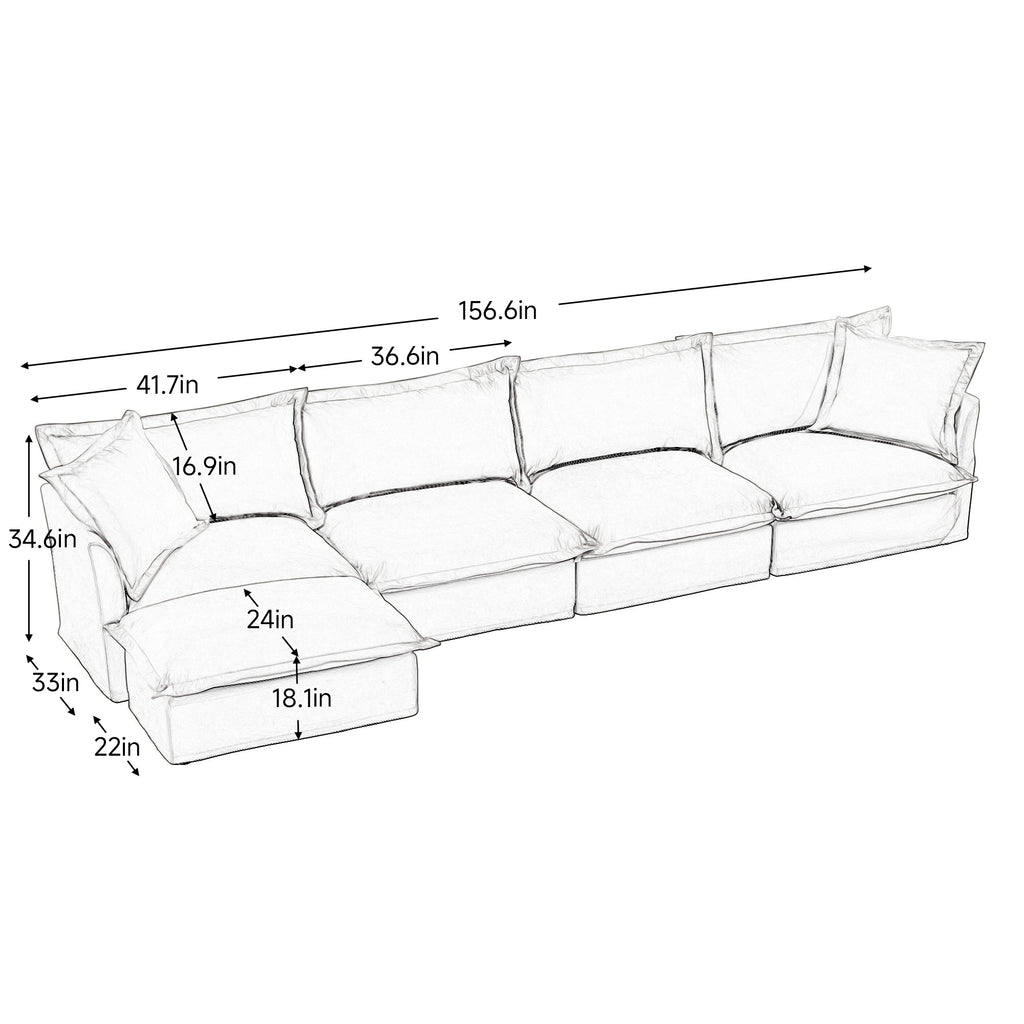 Slipcovered L Shape Sectional Long Sofa Couch, 4 Seater Sofa with Suppleness Armrests,Deep Seat Sofa with 2 Big Pillows, Comfy Couch for Living Room, Apartment, Cream Corduroy Fabric